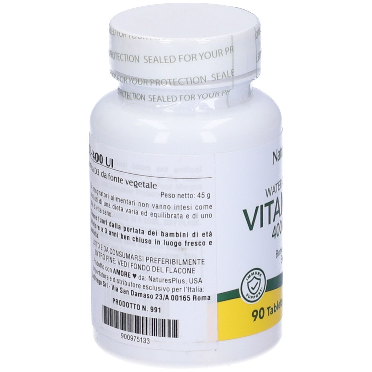 Flacone bianco di Vitamina D3 400 UI, 90 compresse. Marchio NaturesPlus. Supporto osseo e immunitario.