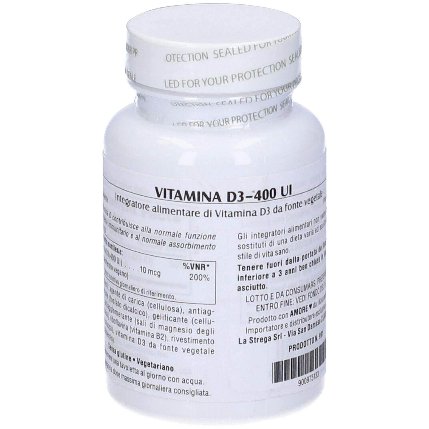Flacone bianco di Vitamina D3 400 UI, 90 compresse. Marchio NaturesPlus. Supporto osseo e immunitario.