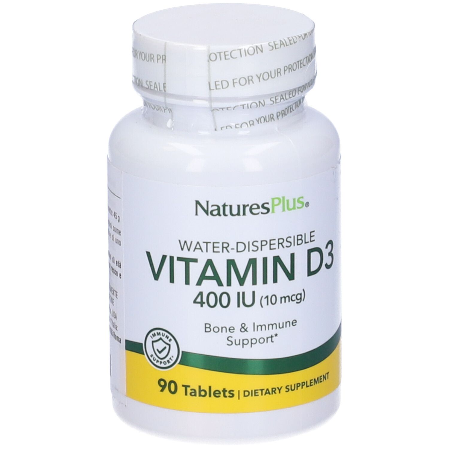 Flacone bianco di Vitamina D3 400 UI, 90 compresse. Marchio NaturesPlus. Supporto osseo e immunitario.