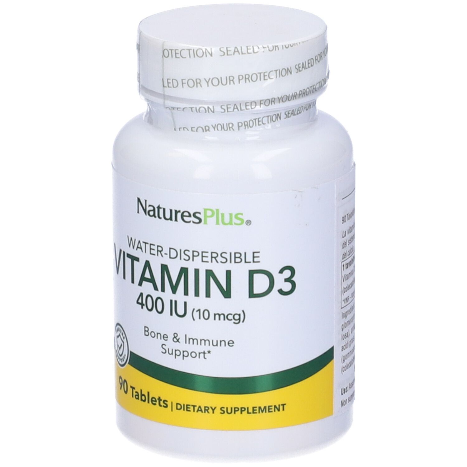 Flacone bianco di Vitamina D3 400 UI, 90 compresse. Marchio NaturesPlus. Supporto osseo e immunitario.