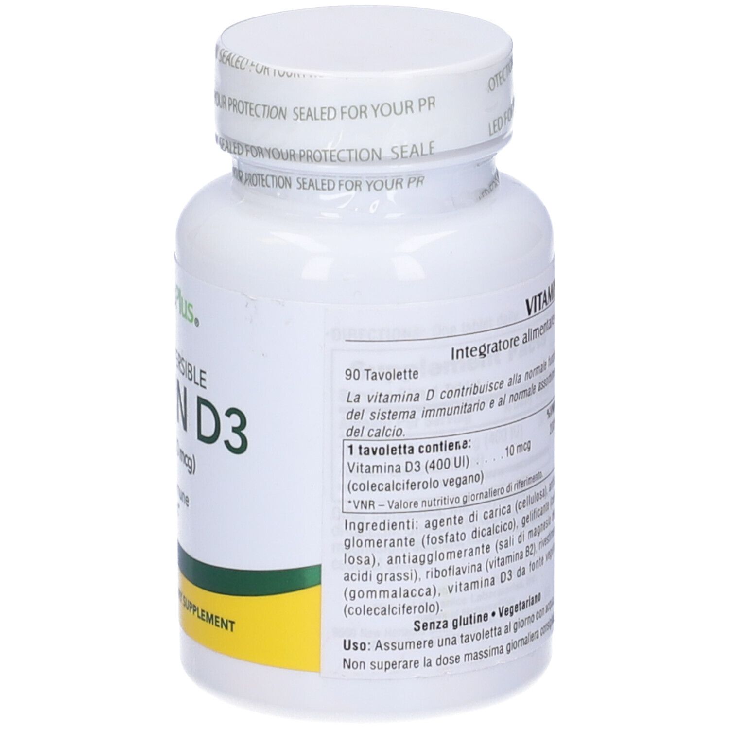 Flacone bianco di Vitamina D3 400 UI, 90 compresse. Marchio NaturesPlus. Supporto osseo e immunitario.