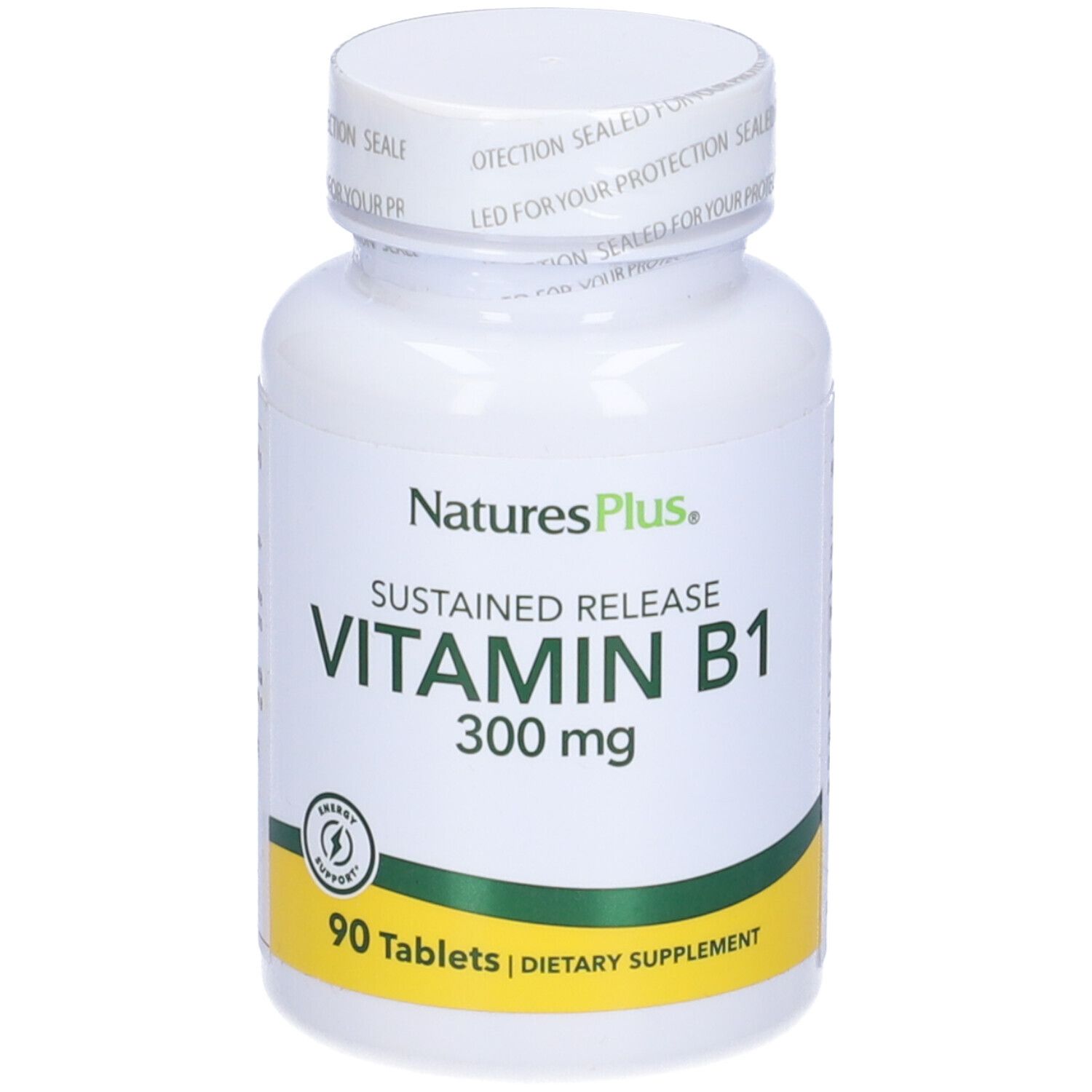 Flacone bianco di vitamina B1. Scritta: NaturesPlus, Vitamina B1 300 mg, 90 compresse. Sigillo.