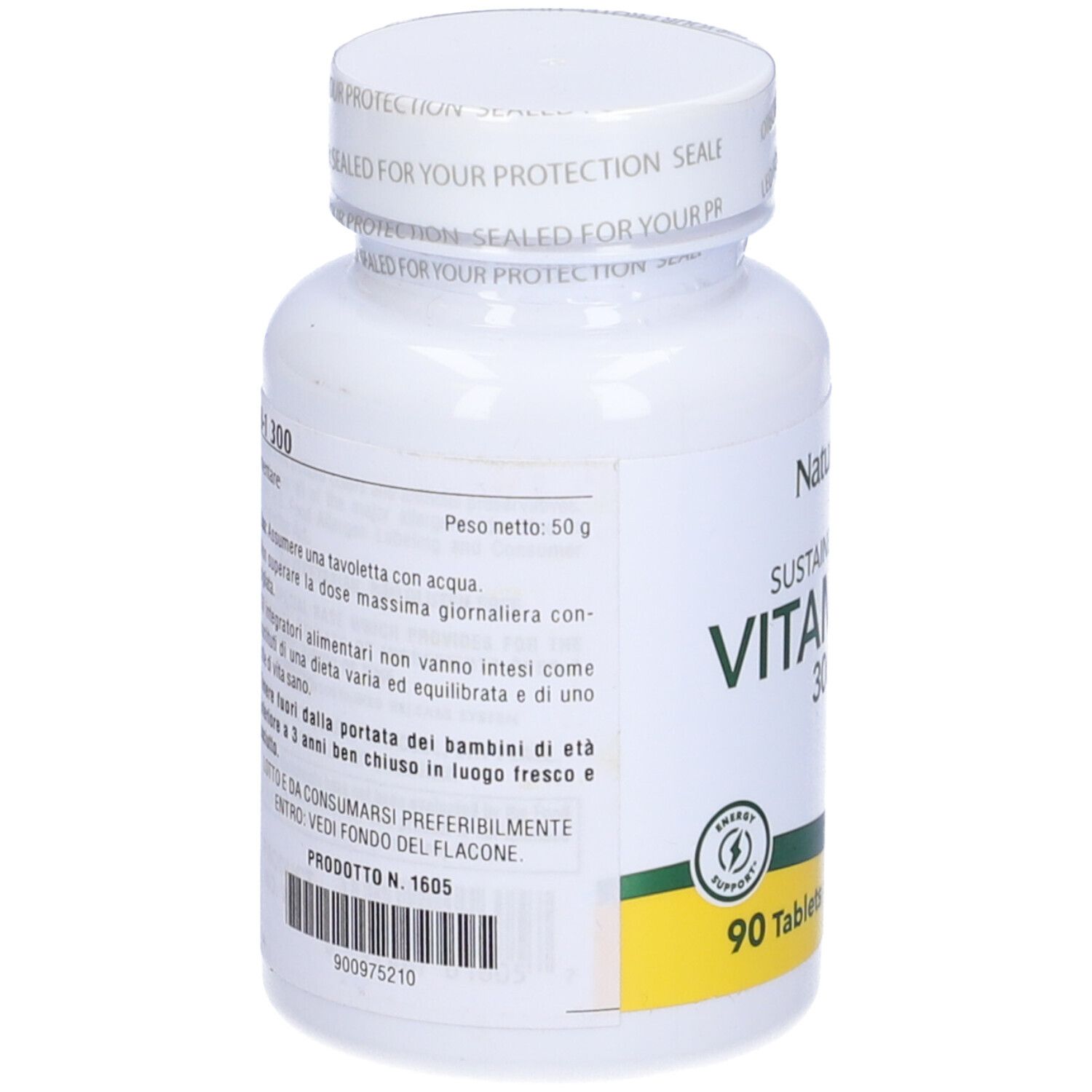 Retro del flacone bianco di vitamina B1. Testo in italiano.
