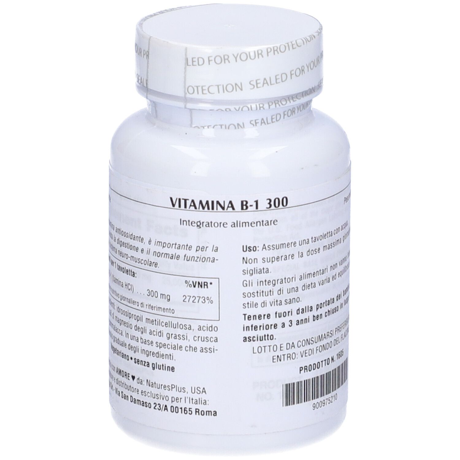 Retro del flacone bianco di vitamina B1. Testo in italiano.