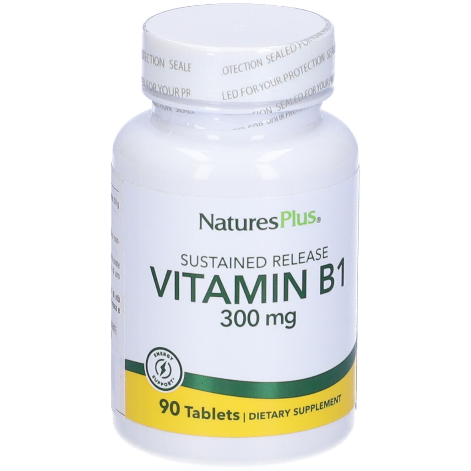Flacone bianco di vitamina B1. Scritta: NaturesPlus, Vitamina B1 300 mg, 90 compresse.
