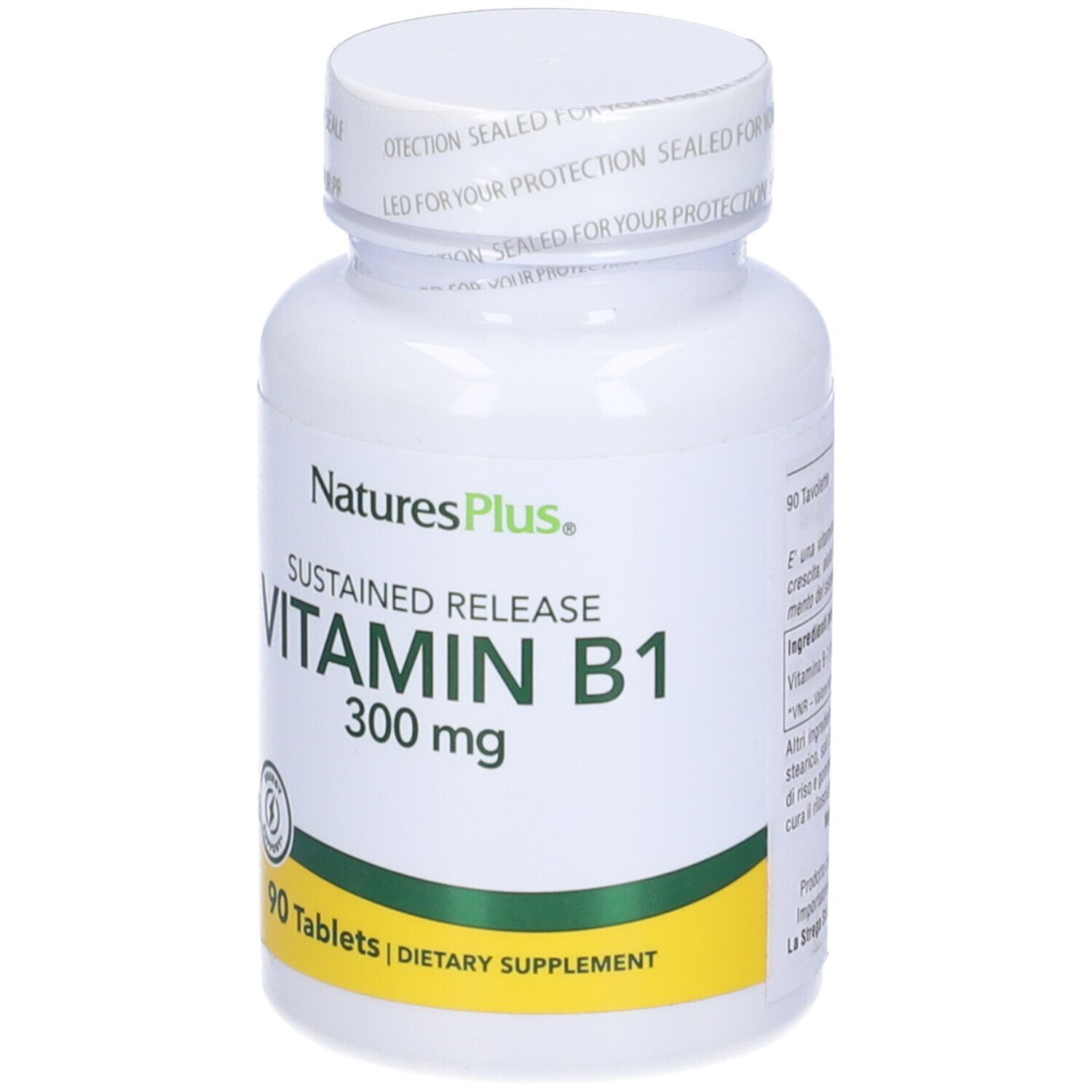 Flacone bianco di vitamina B1. Scritta: NaturesPlus, Vitamina B1 300 mg, 90 compresse. Etichetta.