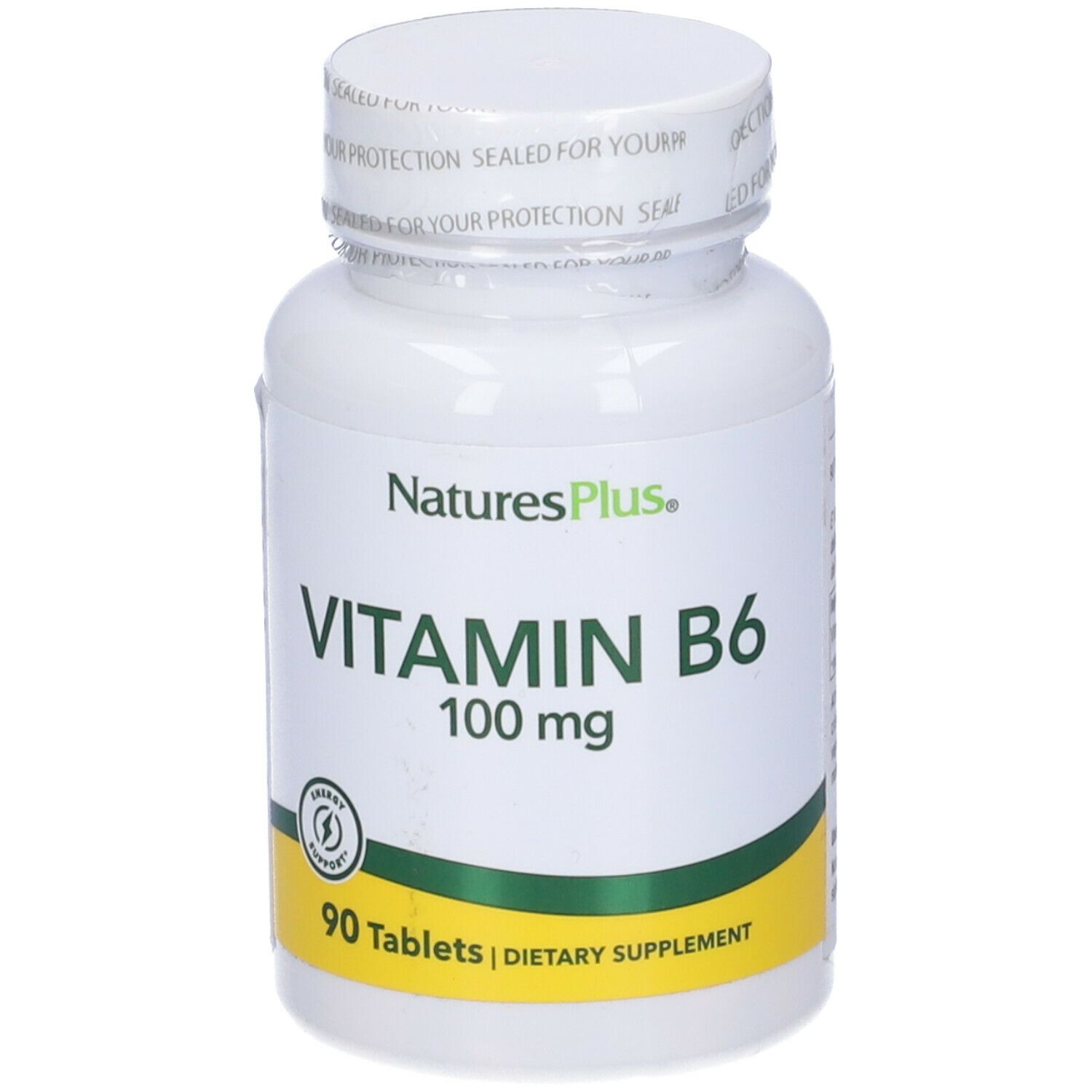 Flacone bianco di NaturesPlus Vitamina B6. Scritta: 100 mg, 90 compresse. Etichetta verde e gialla. Tappo.