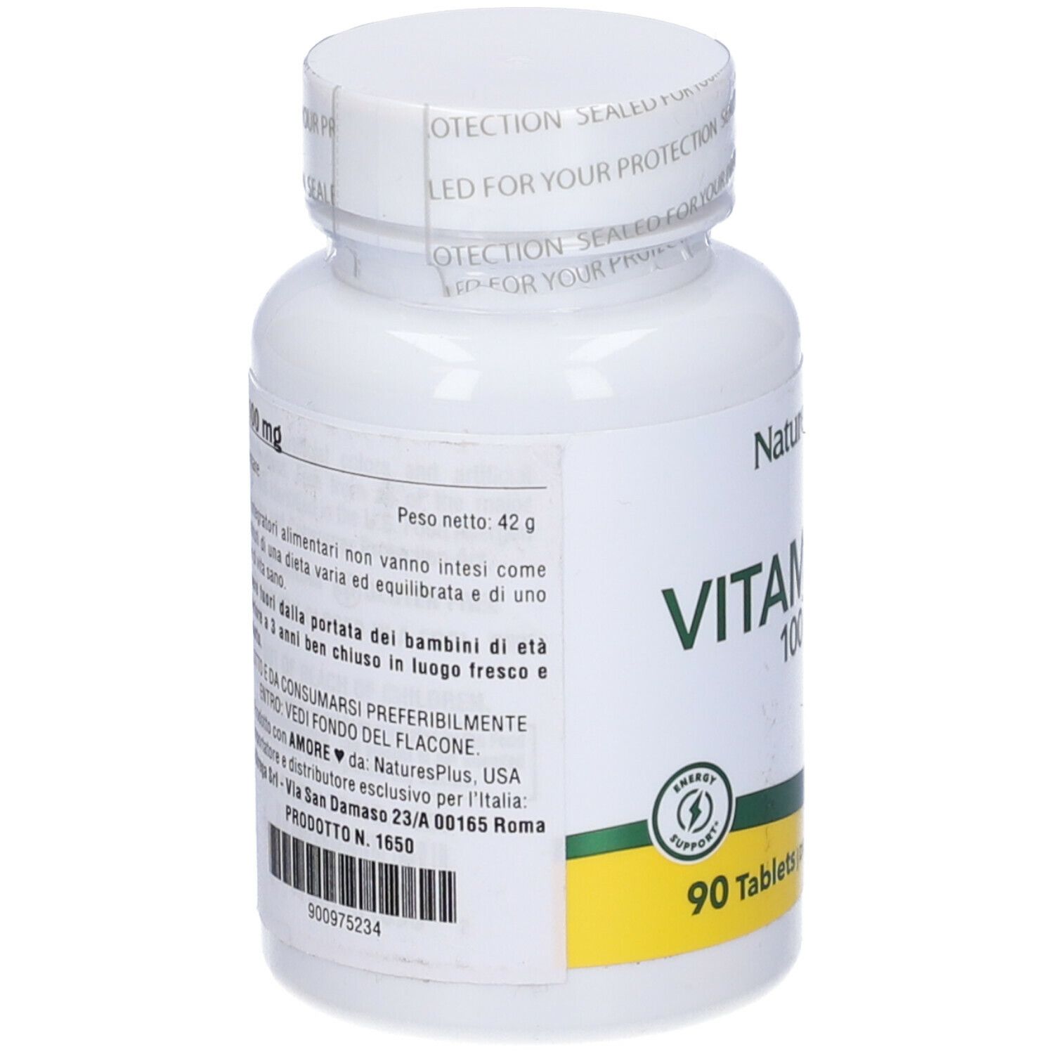 Flacone bianco di NaturesPlus Vitamina B6. Scritta: 100 mg, 90 compresse. Etichetta verde e gialla. Tappo.