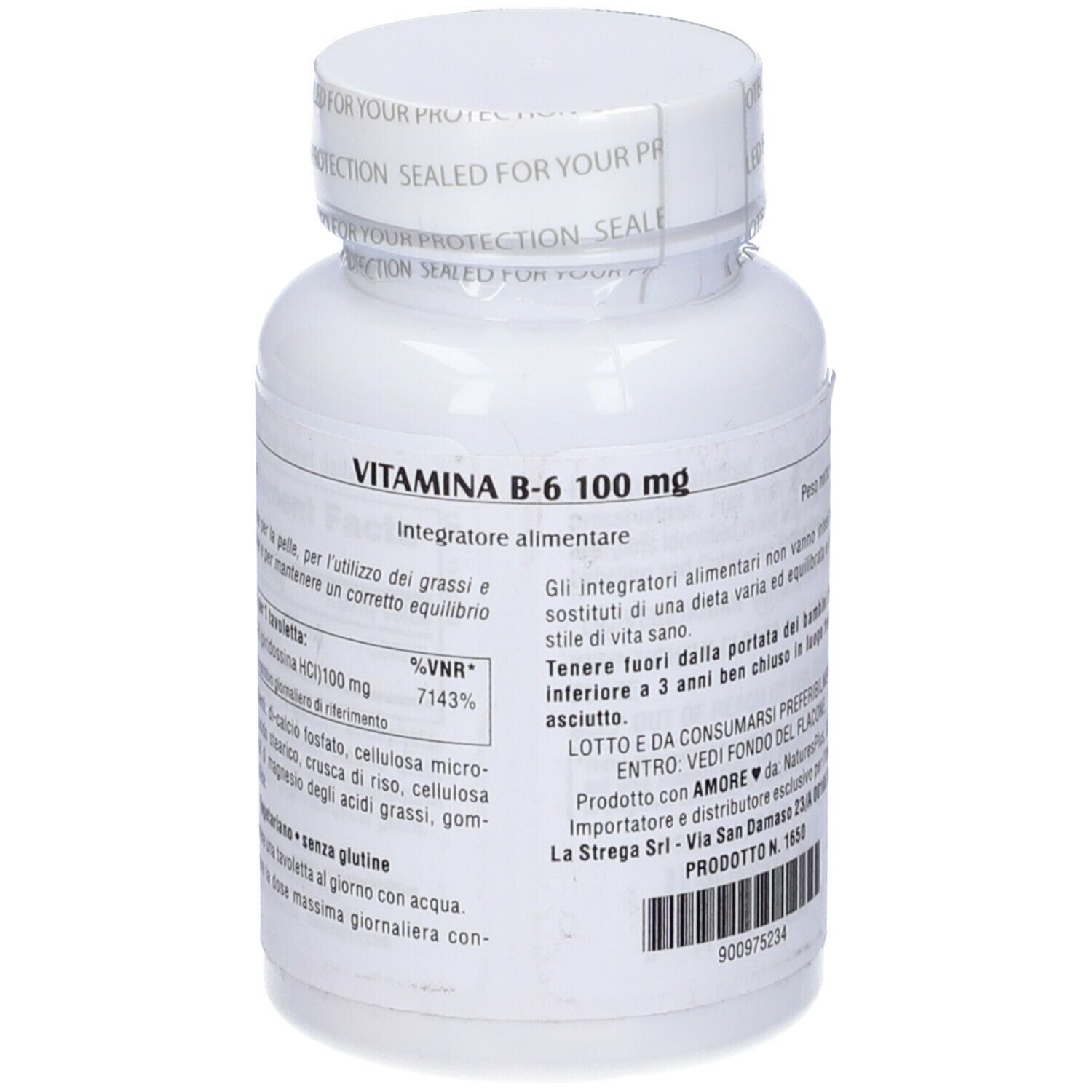 Flacone bianco di NaturesPlus Vitamina B6. Scritta: 100 mg, 90 compresse. Etichetta verde e gialla. Tappo.