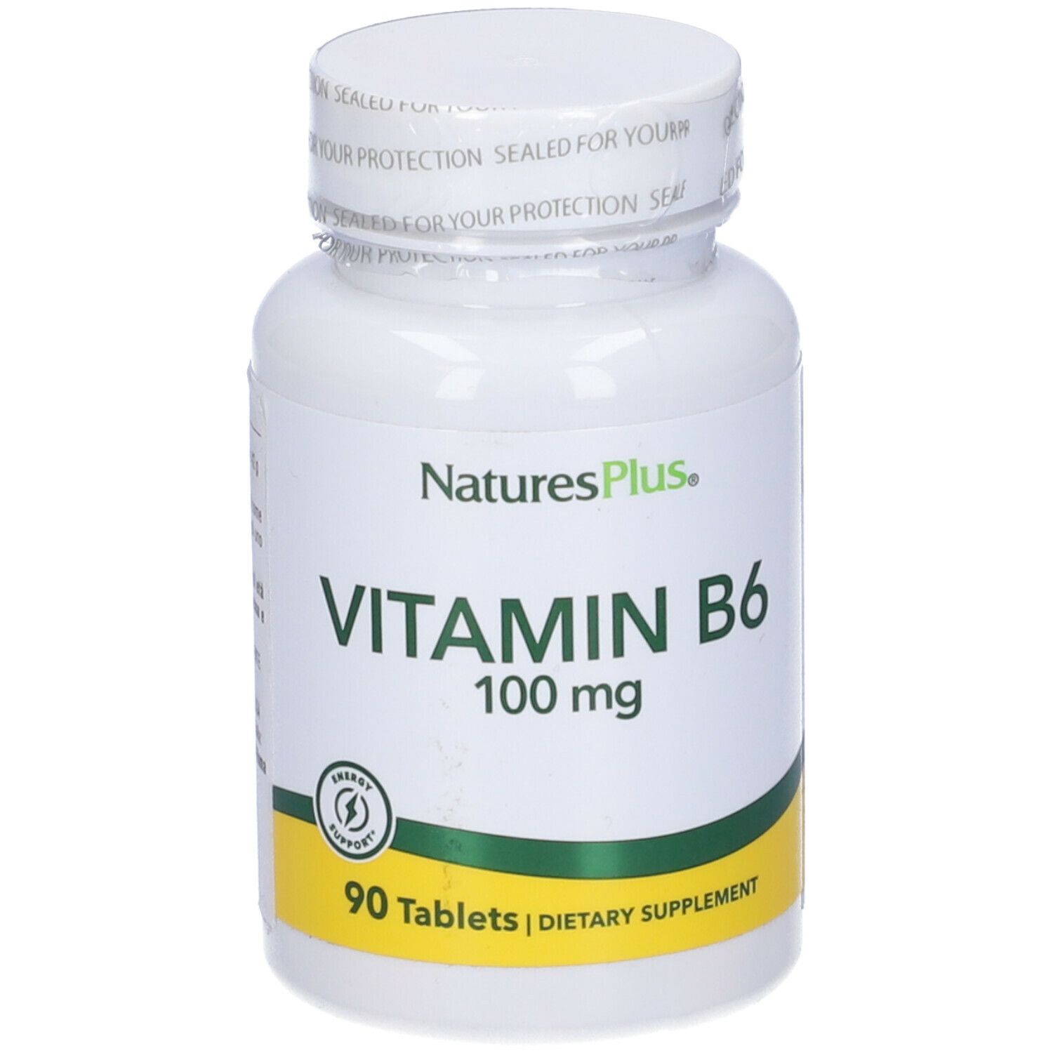 Flacone bianco di NaturesPlus Vitamina B6. Scritta: 100 mg, 90 compresse. Etichetta verde e gialla. Tappo.