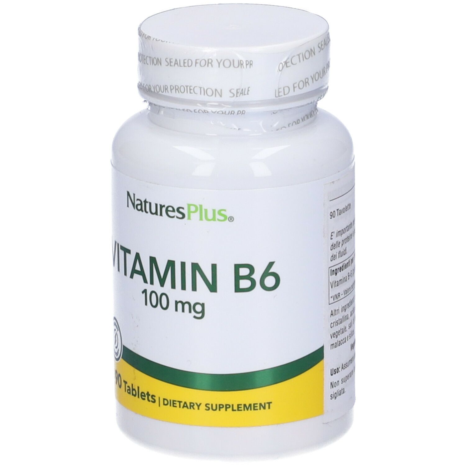 Flacone bianco di NaturesPlus Vitamina B6. Scritta: 100 mg, 90 compresse. Etichetta verde e gialla. Tappo.