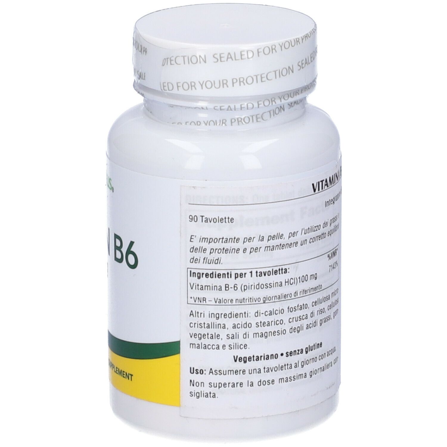 Flacone bianco di NaturesPlus Vitamina B6. Scritta: 100 mg, 90 compresse. Etichetta verde e gialla. Tappo.