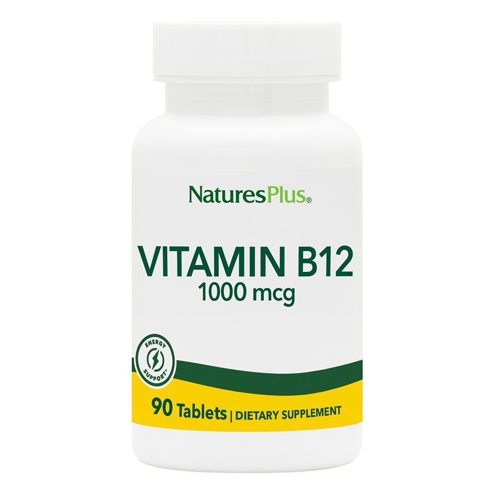 Flacone bianco di Vitamina B12 1000 mcg, marchio NaturesPlus. 90 compresse, integratore alimentare.