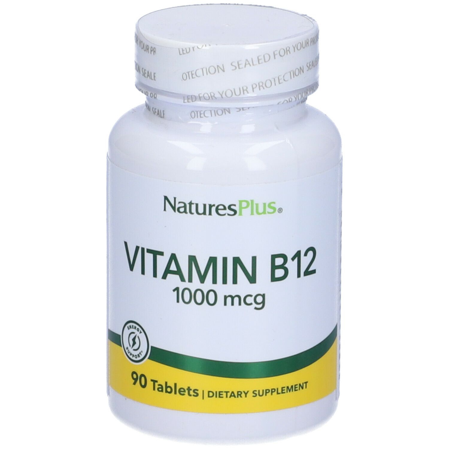Flacone bianco di Vitamina B12 1000 mcg, marchio NaturesPlus. 90 compresse, integratore alimentare.