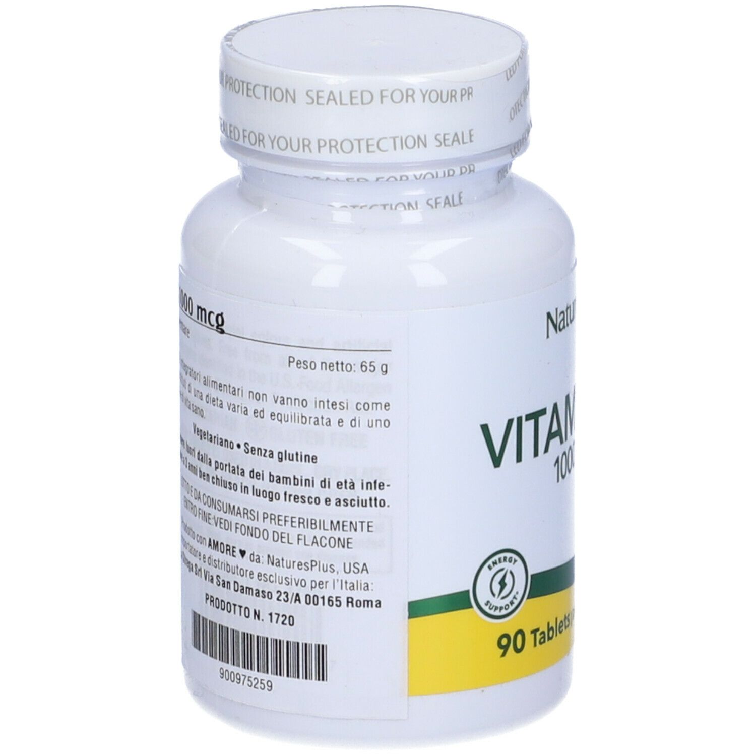 Retro di flacone bianco di Vitamina B12 1000 mcg. Testo in italiano. 90 compresse, integratore alimentare.