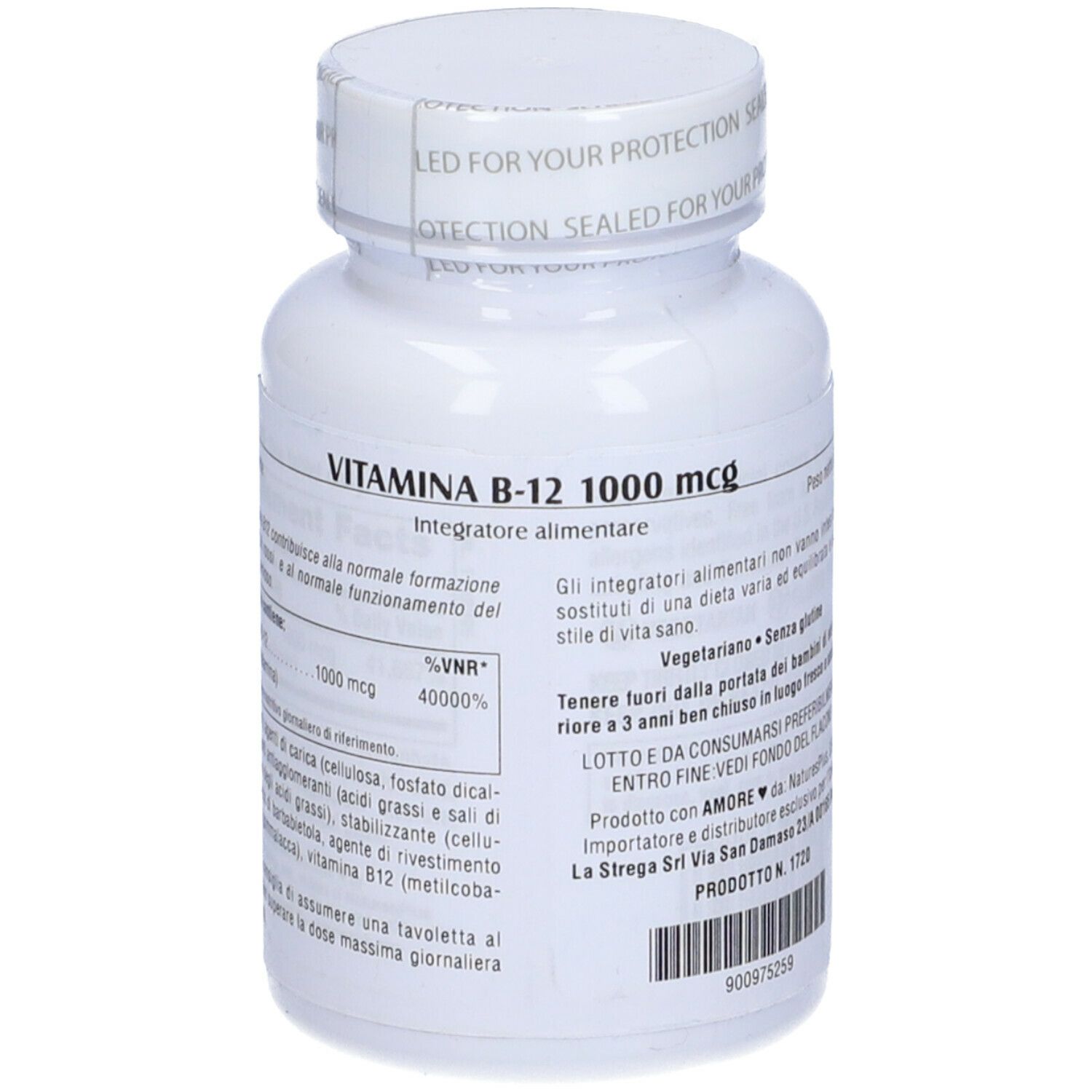 Primo piano di flacone bianco di Vitamina B12 1000 mcg. Testo in italiano. 90 compresse, integratore alimentare.