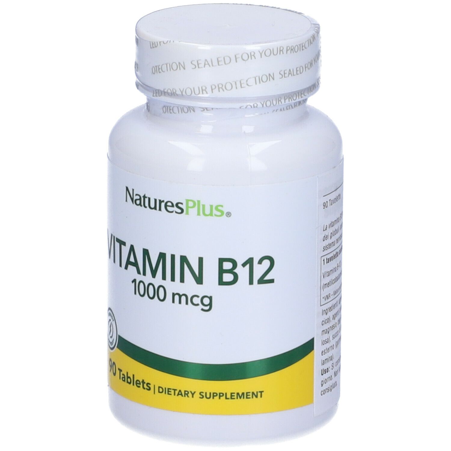 Flacone bianco di Vitamina B12 1000 mcg, marchio NaturesPlus. 90 compresse, integratore alimentare.