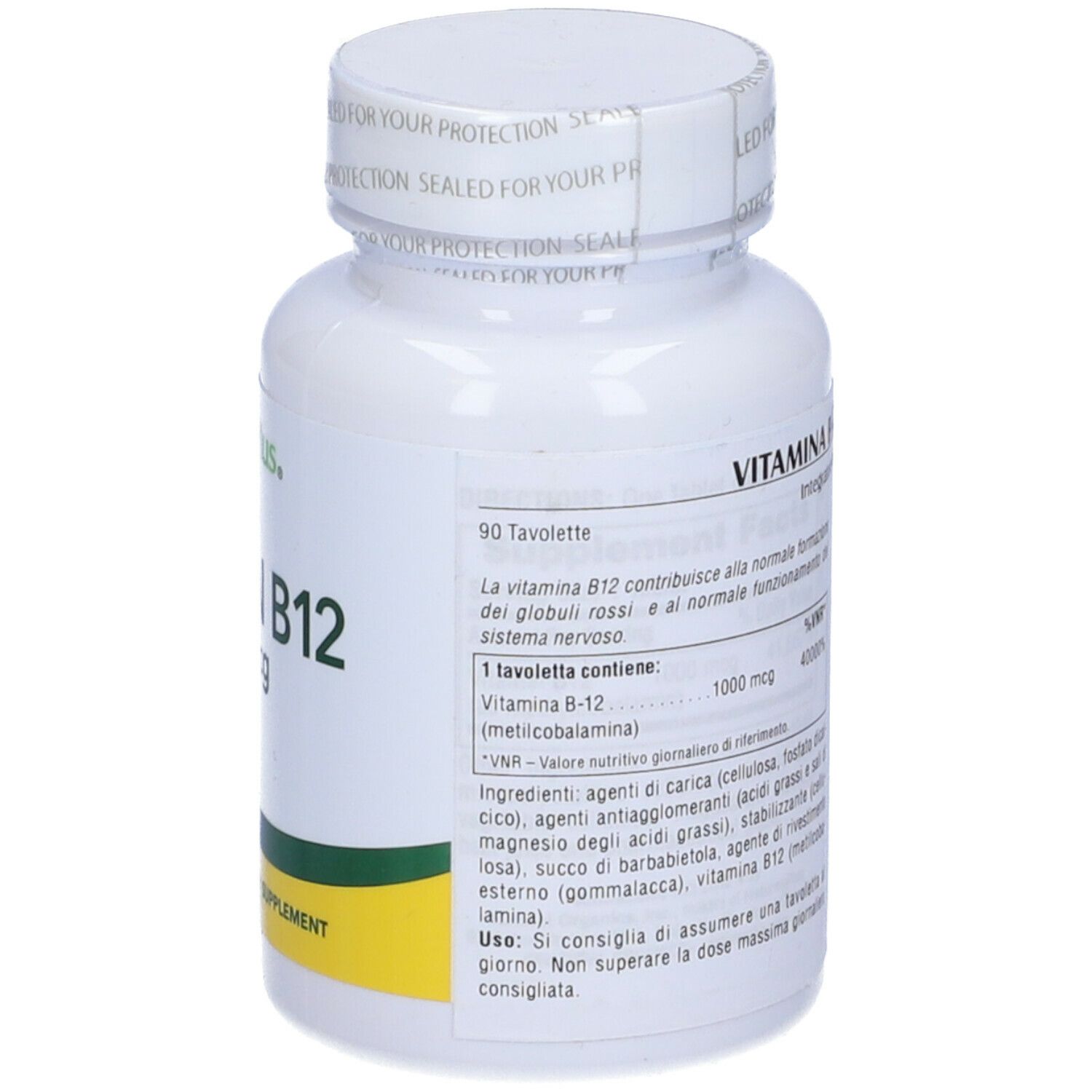 Retro di flacone bianco di Vitamina B12 1000 mcg. Testo in italiano. 90 compresse, integratore alimentare.