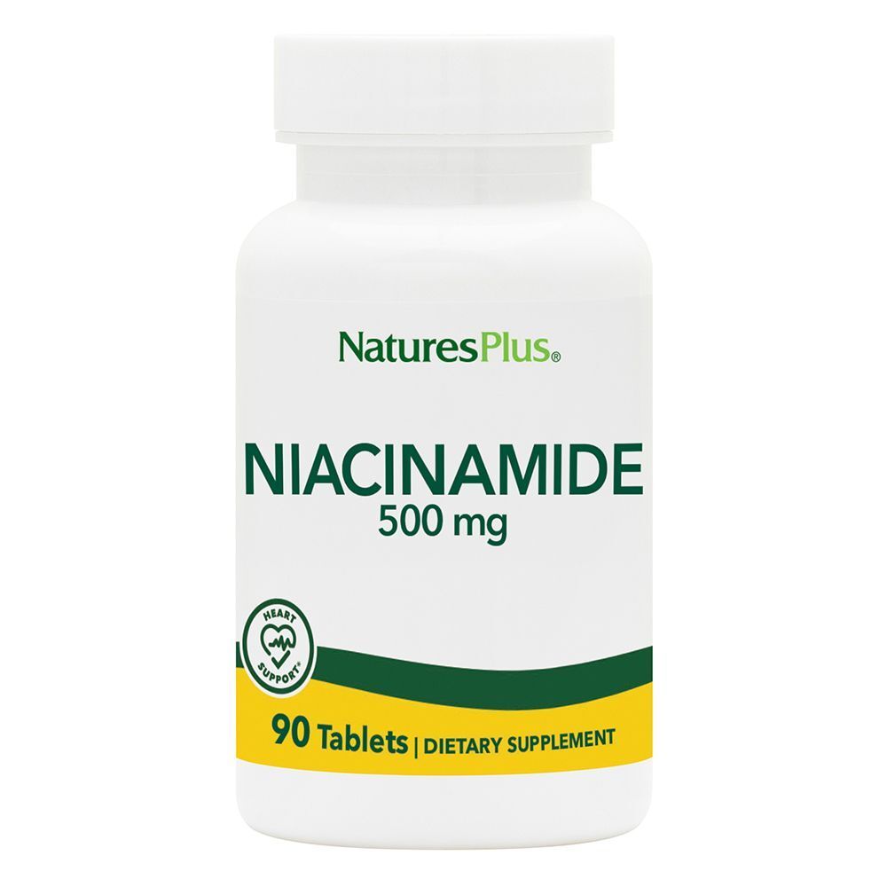Flacone bianco di Niacinamide 500 mg. Scritta: NaturesPlus, 90 compresse, integratore alimentare.