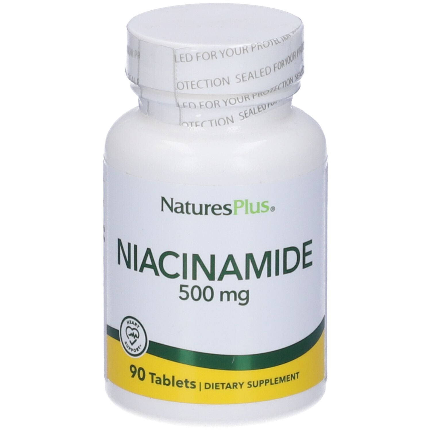 Flacone bianco di Niacinamide 500 mg. Scritta: NaturesPlus, 90 compresse, integratore alimentare. Tappo sigillato.