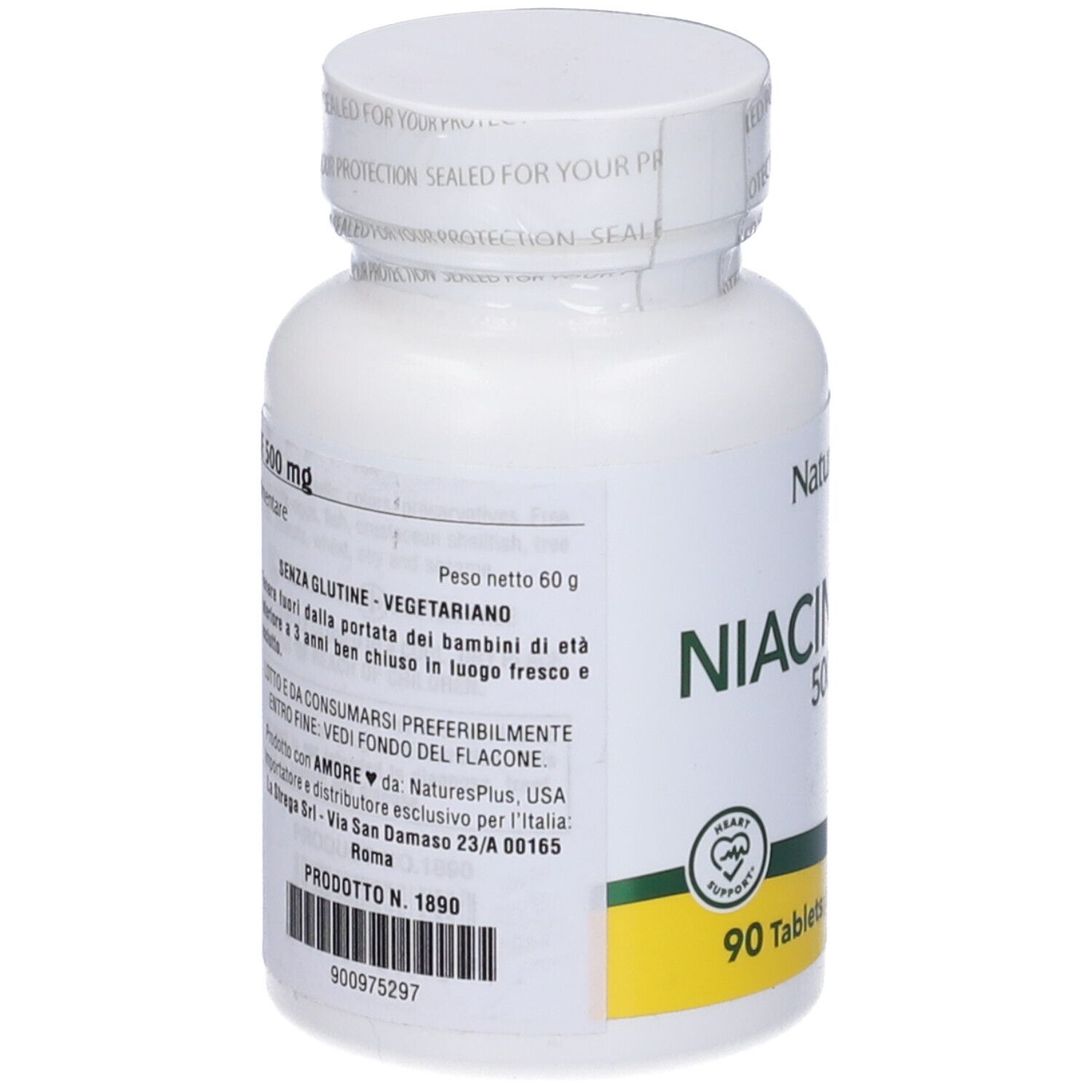 Flacone bianco di Niacinamide 500 mg. Scritta: NaturesPlus, 90 compresse, integratore alimentare. Retro con testo.