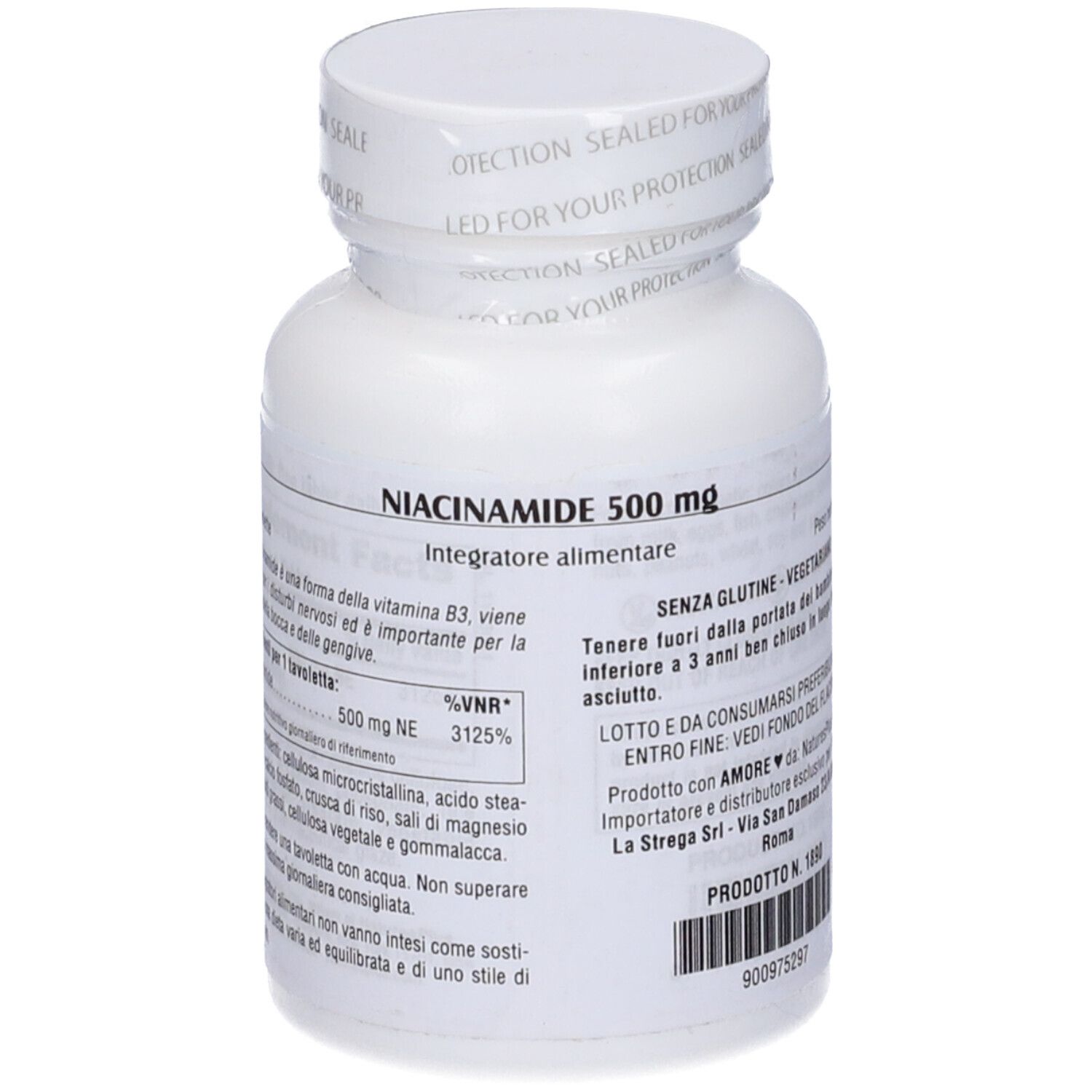 Flacone bianco di Niacinamide 500 mg. Scritta: NaturesPlus, 90 compresse, integratore alimentare. Retro con testo.
