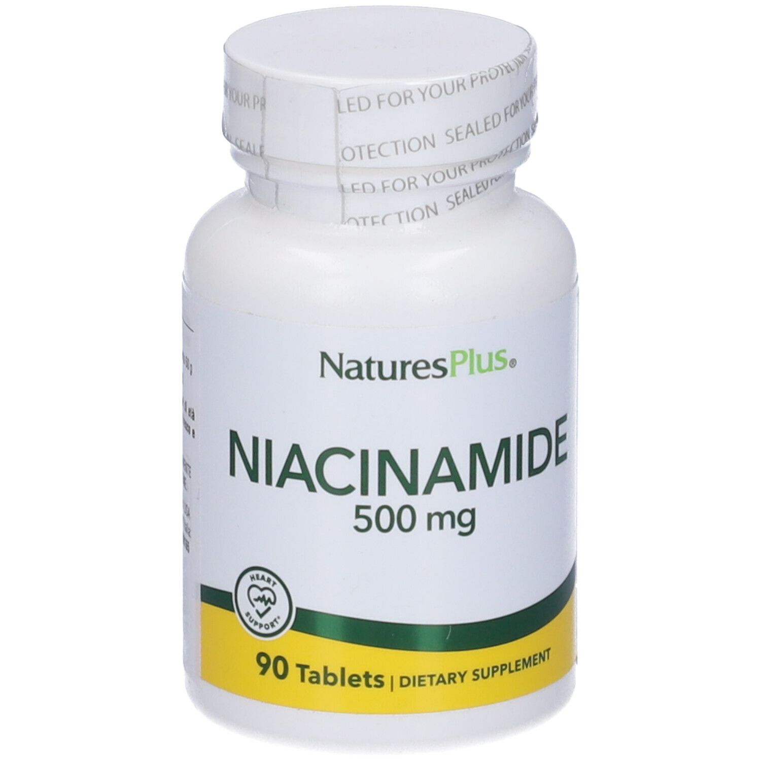 Flacone bianco di Niacinamide 500 mg. Scritta: NaturesPlus, 90 compresse, integratore alimentare. Tappo sigillato.