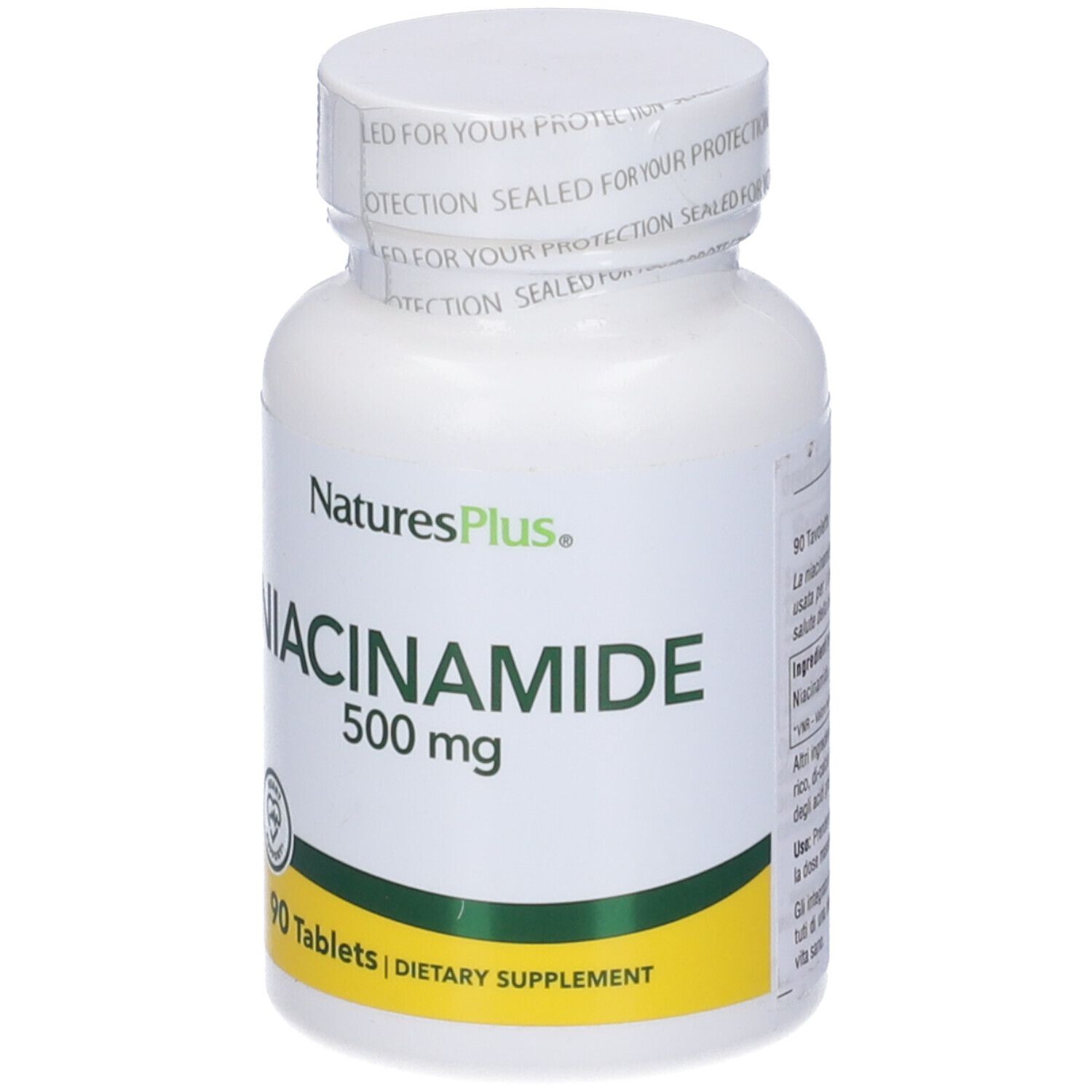 Flacone bianco di Niacinamide 500 mg. Scritta: NaturesPlus, 90 compresse, integratore alimentare. Retro con testo.