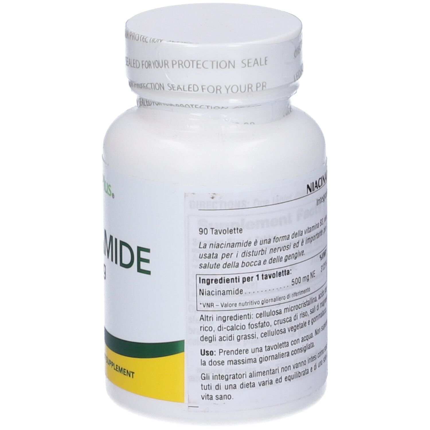 Flacone bianco di Niacinamide 500 mg. Scritta: NaturesPlus, 90 compresse, integratore alimentare. Retro con testo.