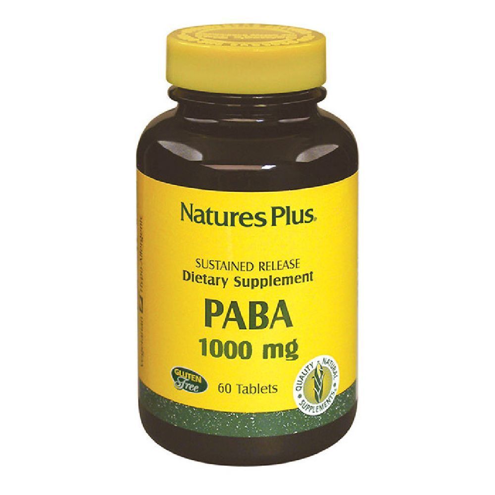 Flacone marrone con etichetta gialla. Scritta: PABA 1000 mg, 60 compresse. Marchio: Natures Plus.