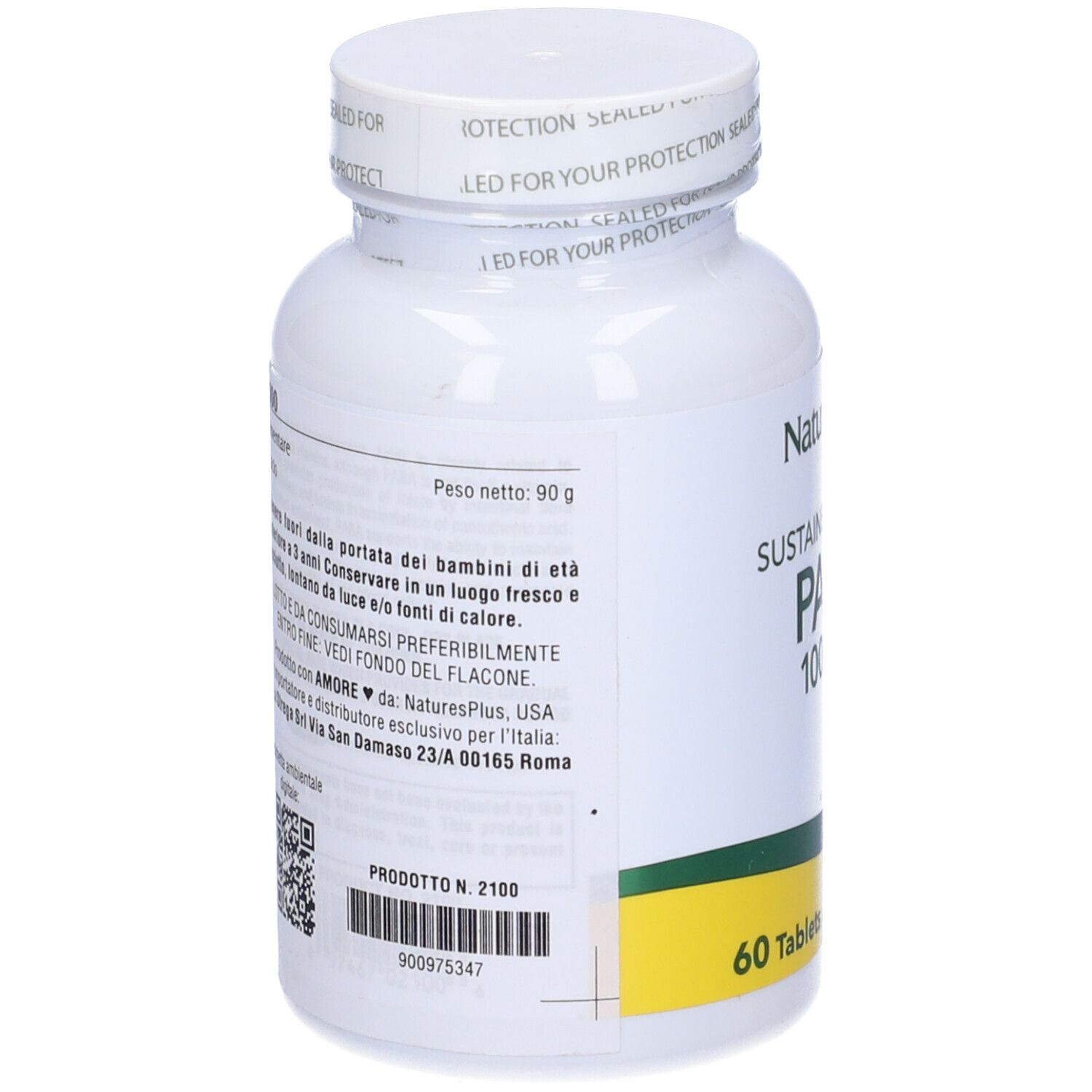 Flacone bianco con etichetta gialla. Scritta: PABA 1000 mg, 60 compresse. Marchio: Natures Plus. Testo sul retro.