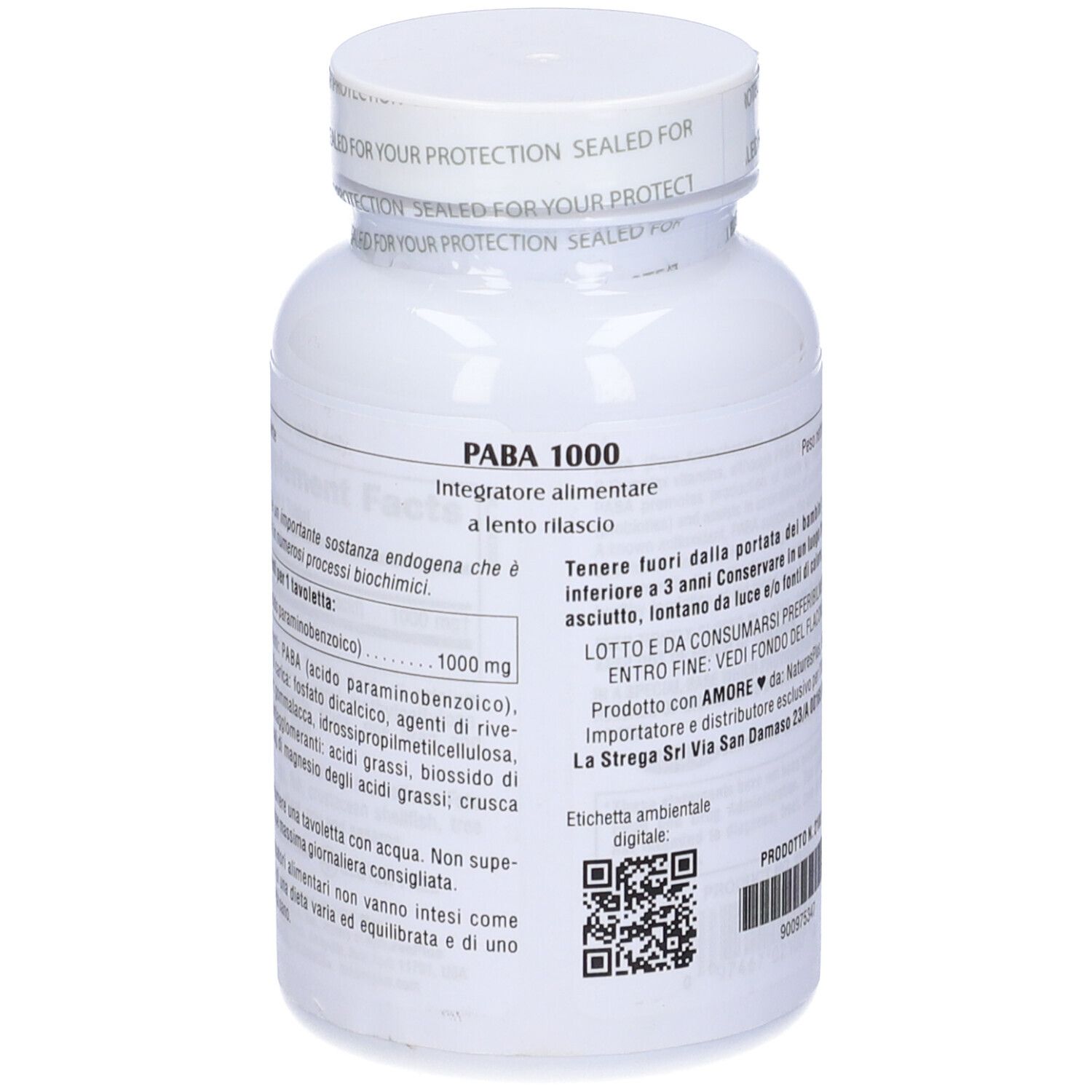 Flacone bianco con etichetta gialla. Scritta: PABA 1000 mg, 60 compresse. Testo sul retro.
