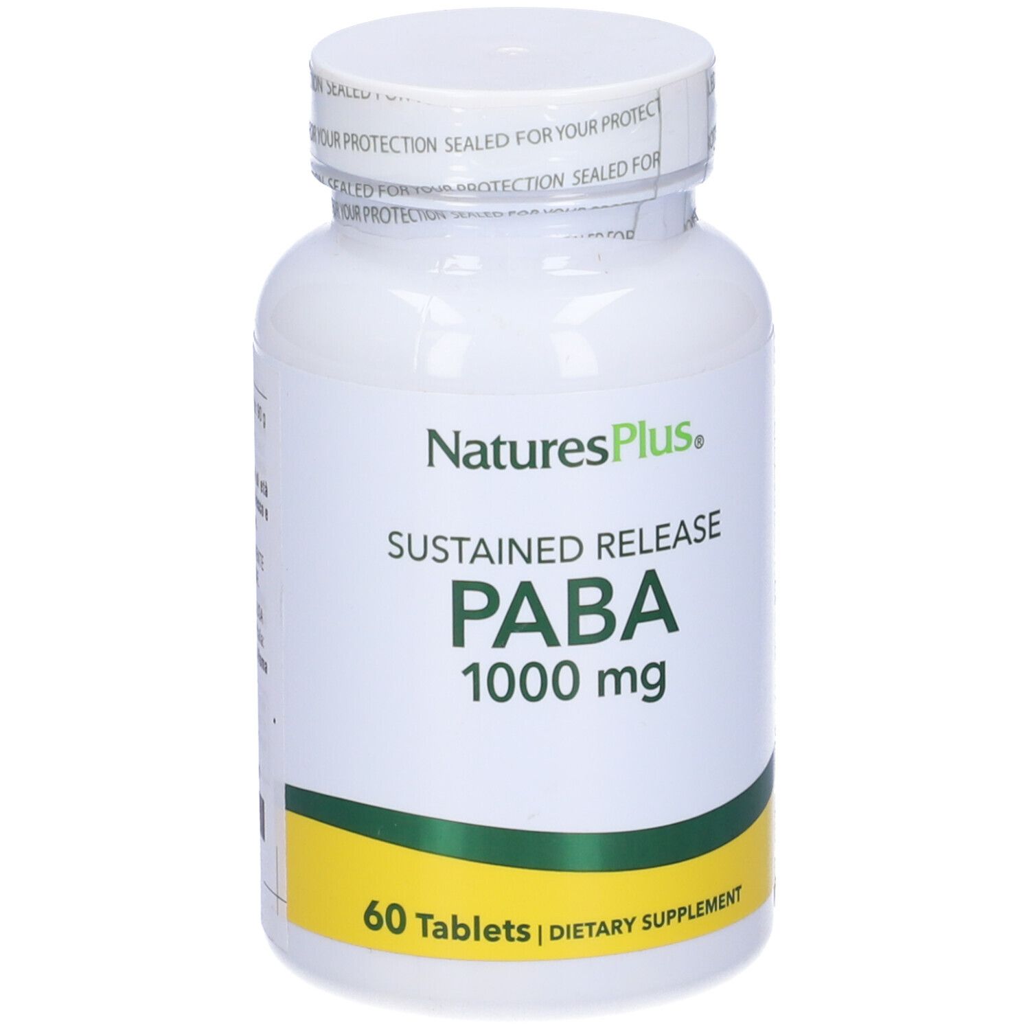 Flacone bianco con etichetta gialla. Scritta: PABA 1000 mg, 60 compresse. Marchio: Natures Plus.