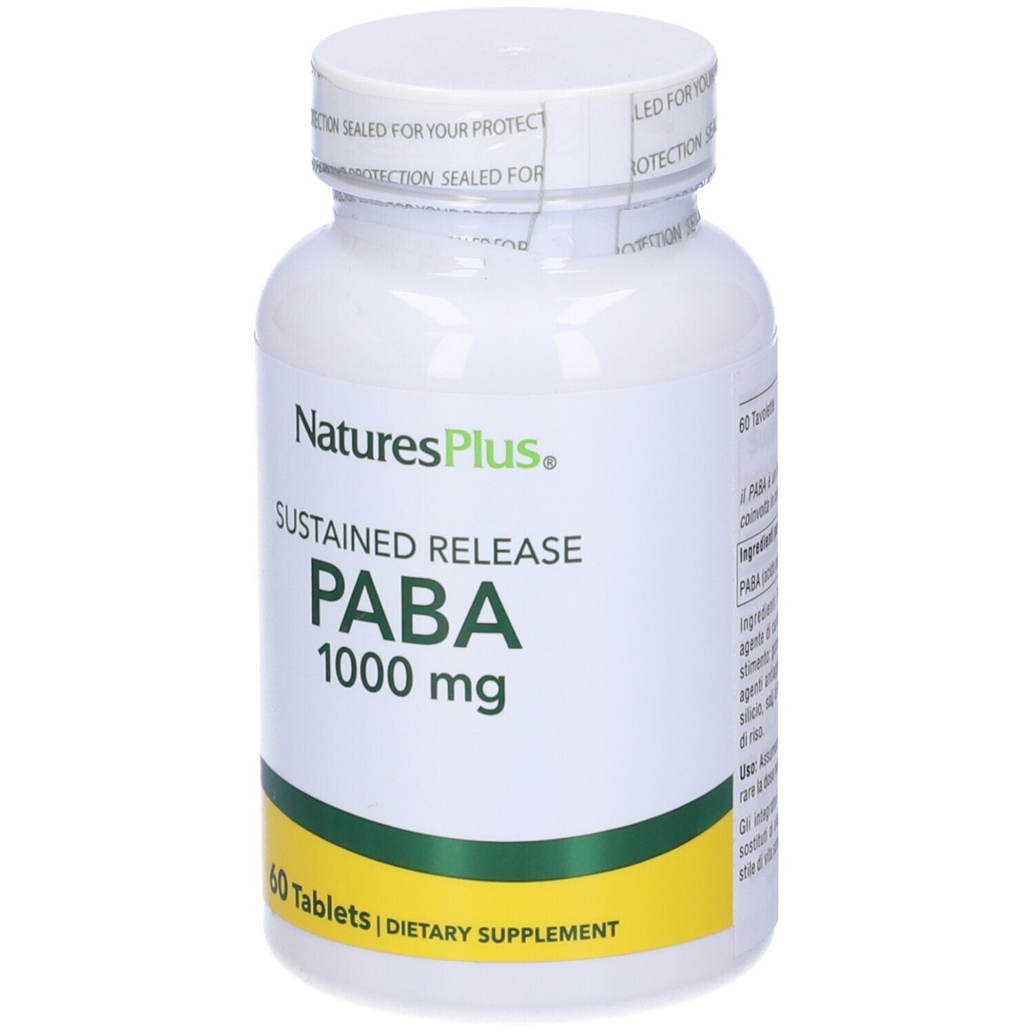 Flacone bianco con etichetta gialla. Scritta: PABA 1000 mg, 60 compresse. Marchio: Natures Plus.