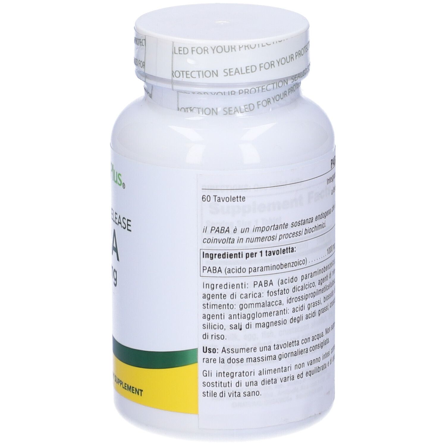 Flacone bianco con etichetta gialla. Scritta: PABA 1000 mg, 60 compresse. Testo sul retro.