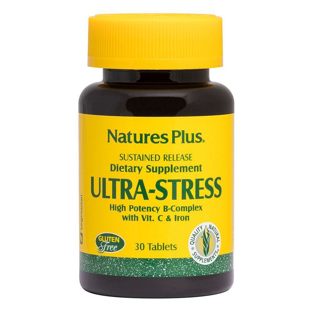 Flacone giallo "Ultra-Stress". Scritta "Natures Plus", "30 compresse". Sigillo "Senza glutine".