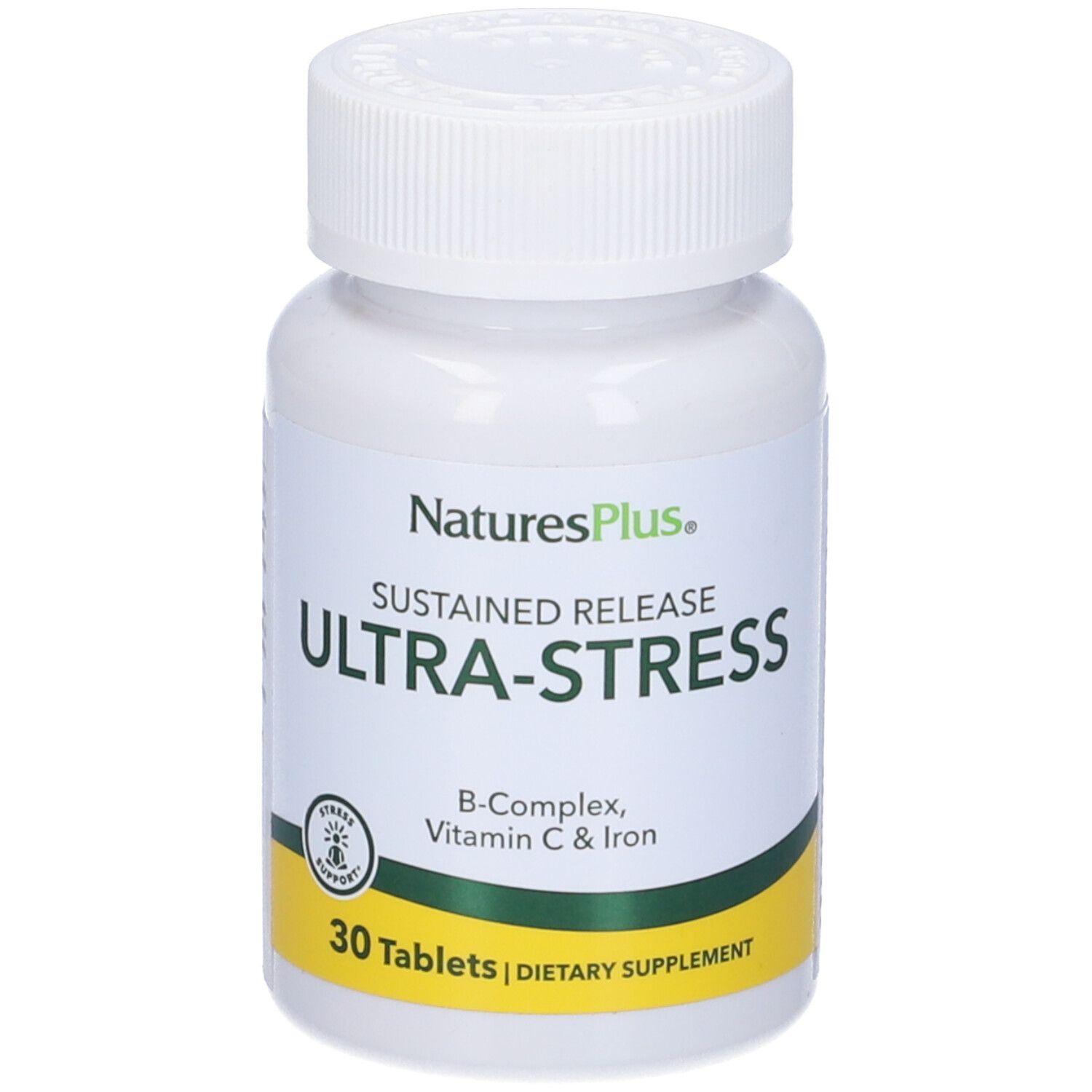 Flacone bianco "Ultra-Stress". Scritta "Natures Plus", "30 compresse".