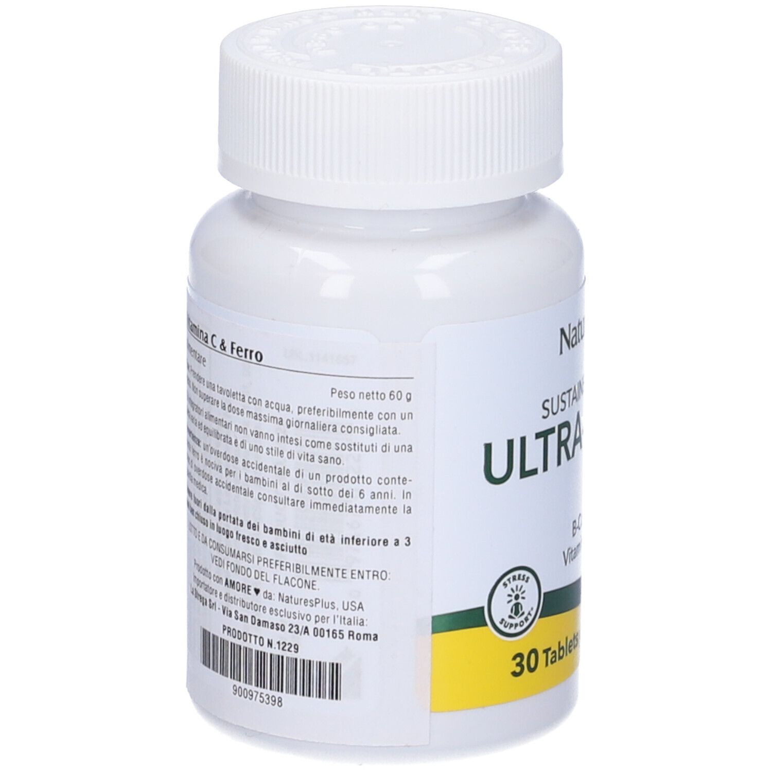 Flacone bianco "Ultra-Stress". Scritta "Natures Plus", "30 compresse".