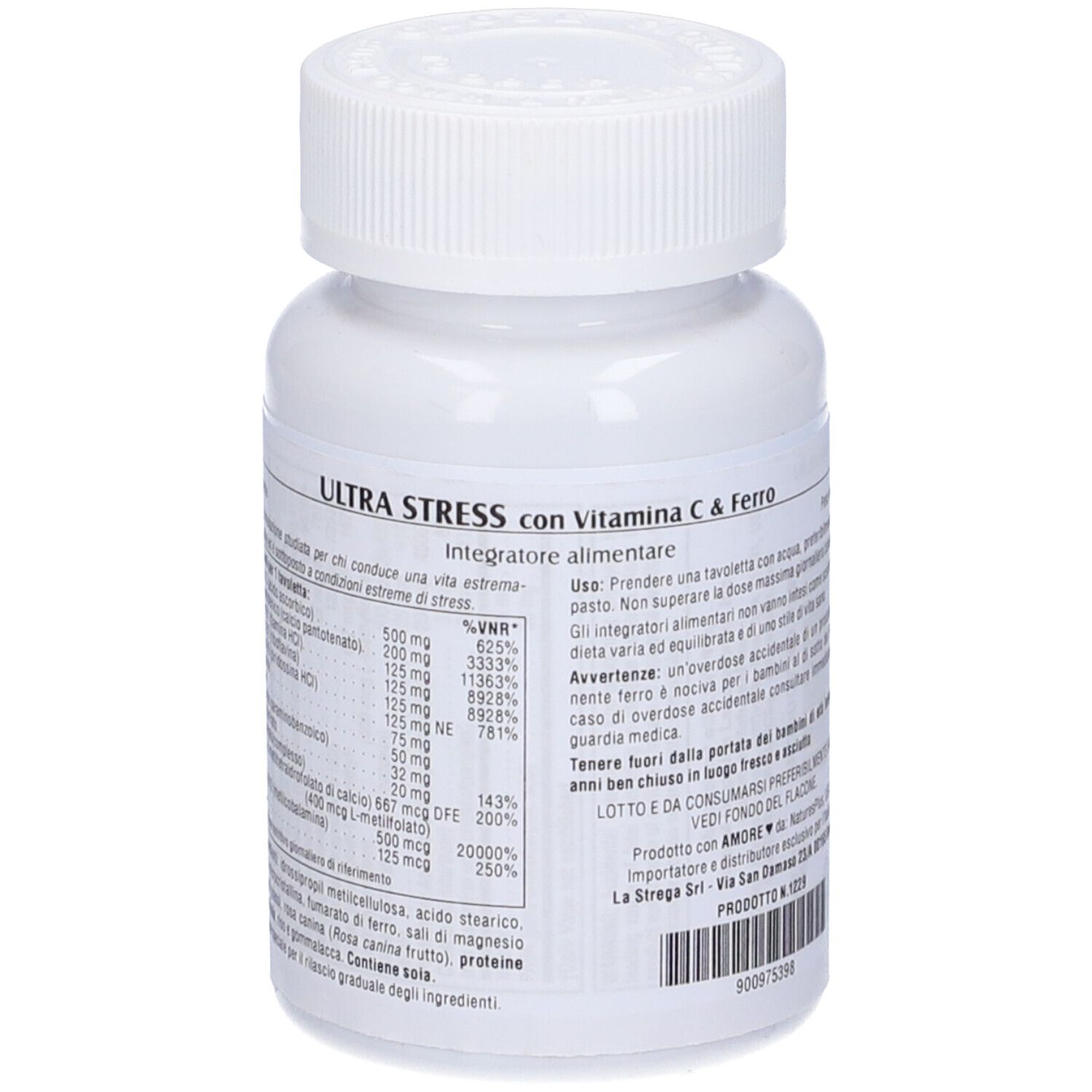 Flacone bianco "Ultra-Stress". Retro con informazioni nutrizionali e avvertenze.