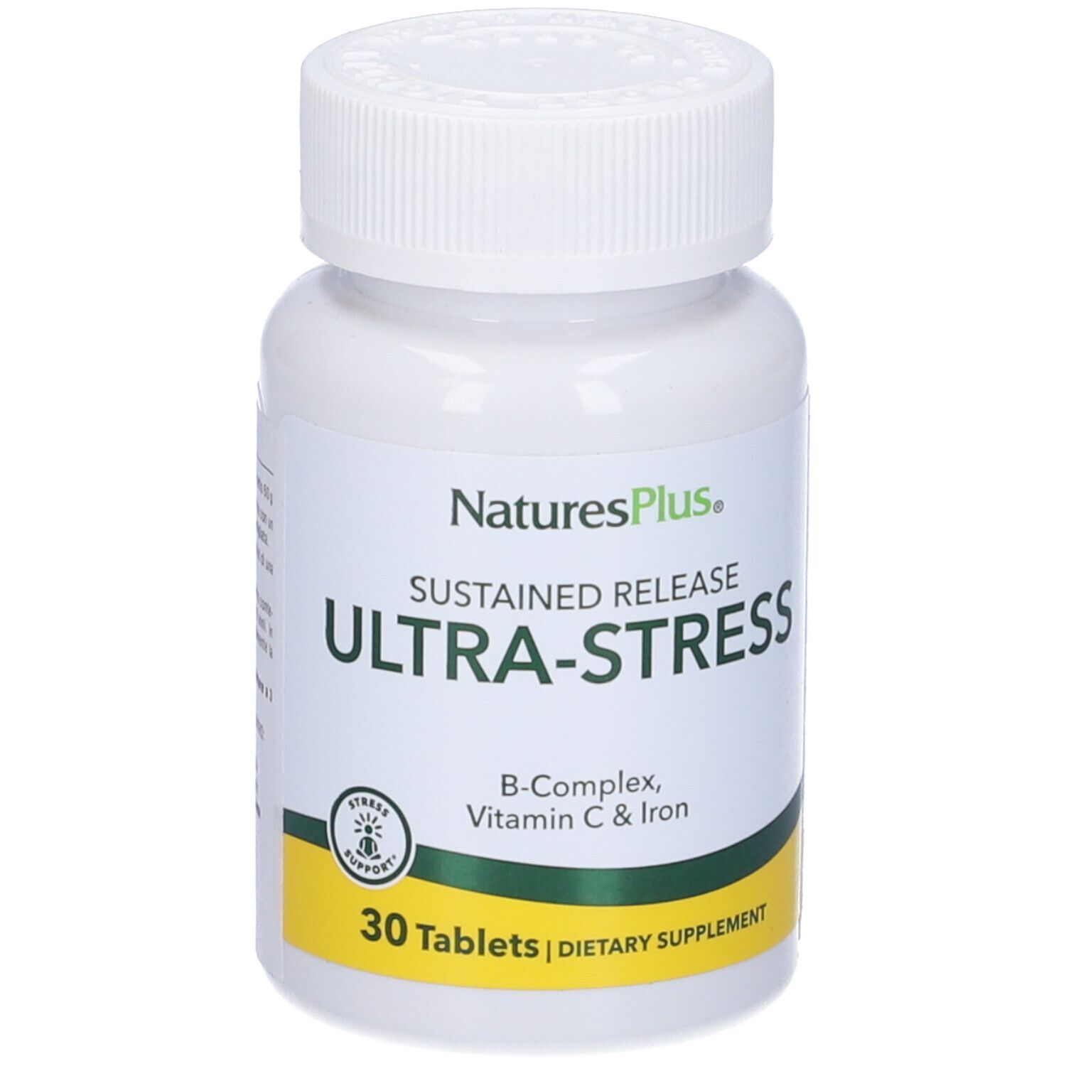 Flacone bianco "Ultra-Stress". Scritta "Natures Plus", "30 compresse".
