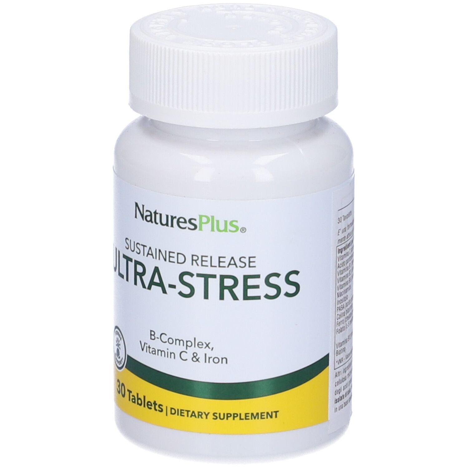 Flacone bianco "Ultra-Stress". Scritta "Natures Plus", "30 compresse".