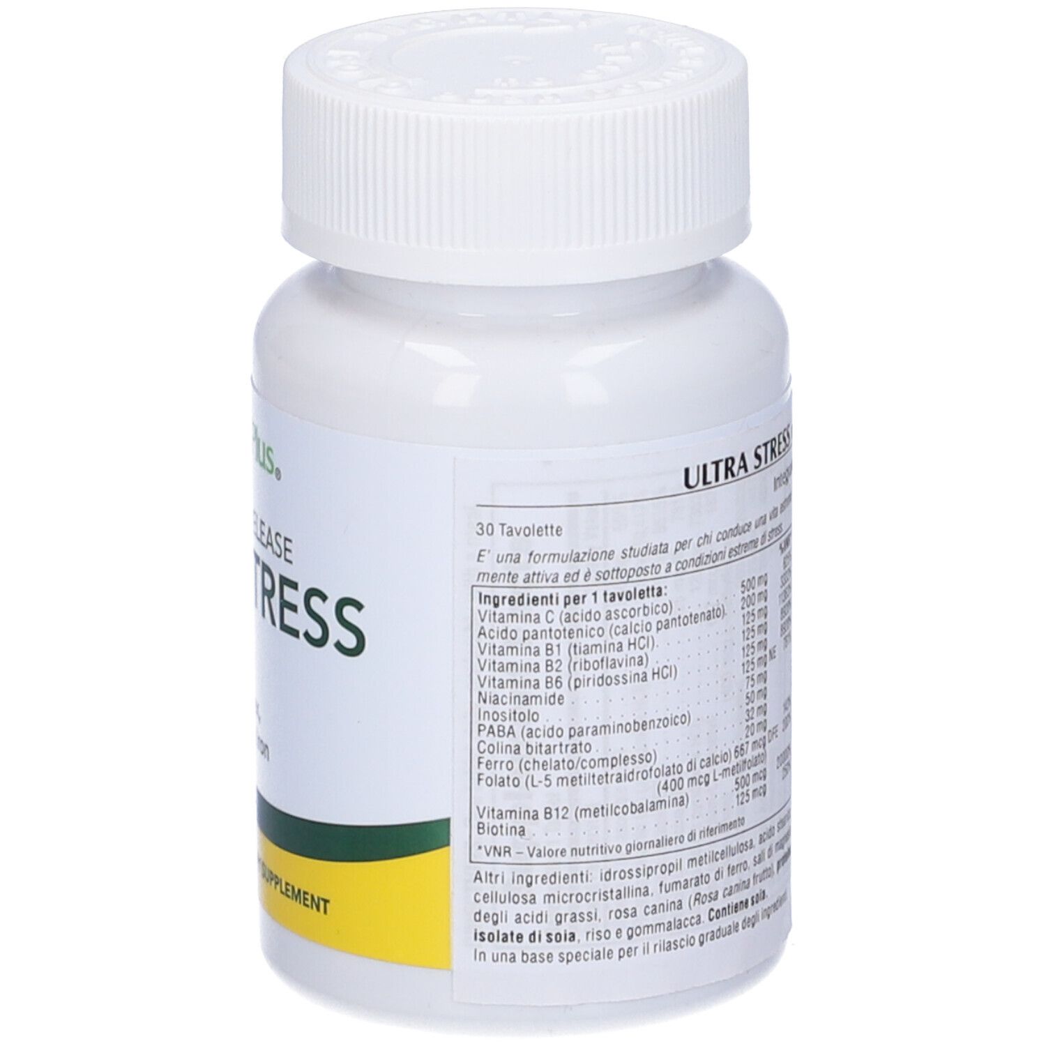 Flacone bianco "Ultra-Stress". Retro con informazioni nutrizionali e tabella.