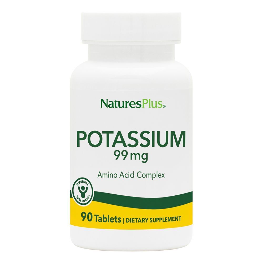Flacone bianco con "Potassio 99 mg" e "90 Tavolette". Marca NaturesPlus. Striscia gialla.