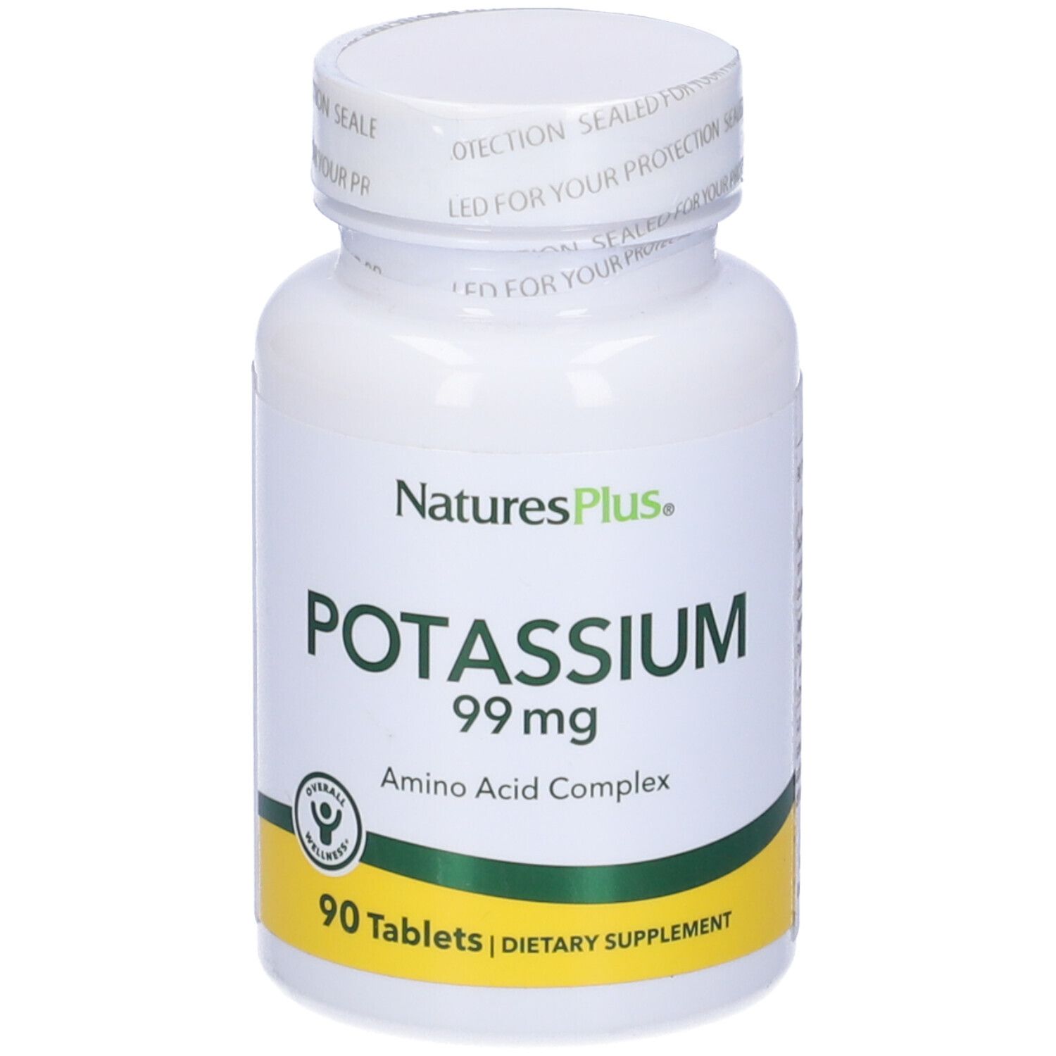 Flacone bianco con "Potassio 99 mg" e "90 Tavolette". Marca NaturesPlus. Striscia gialla.