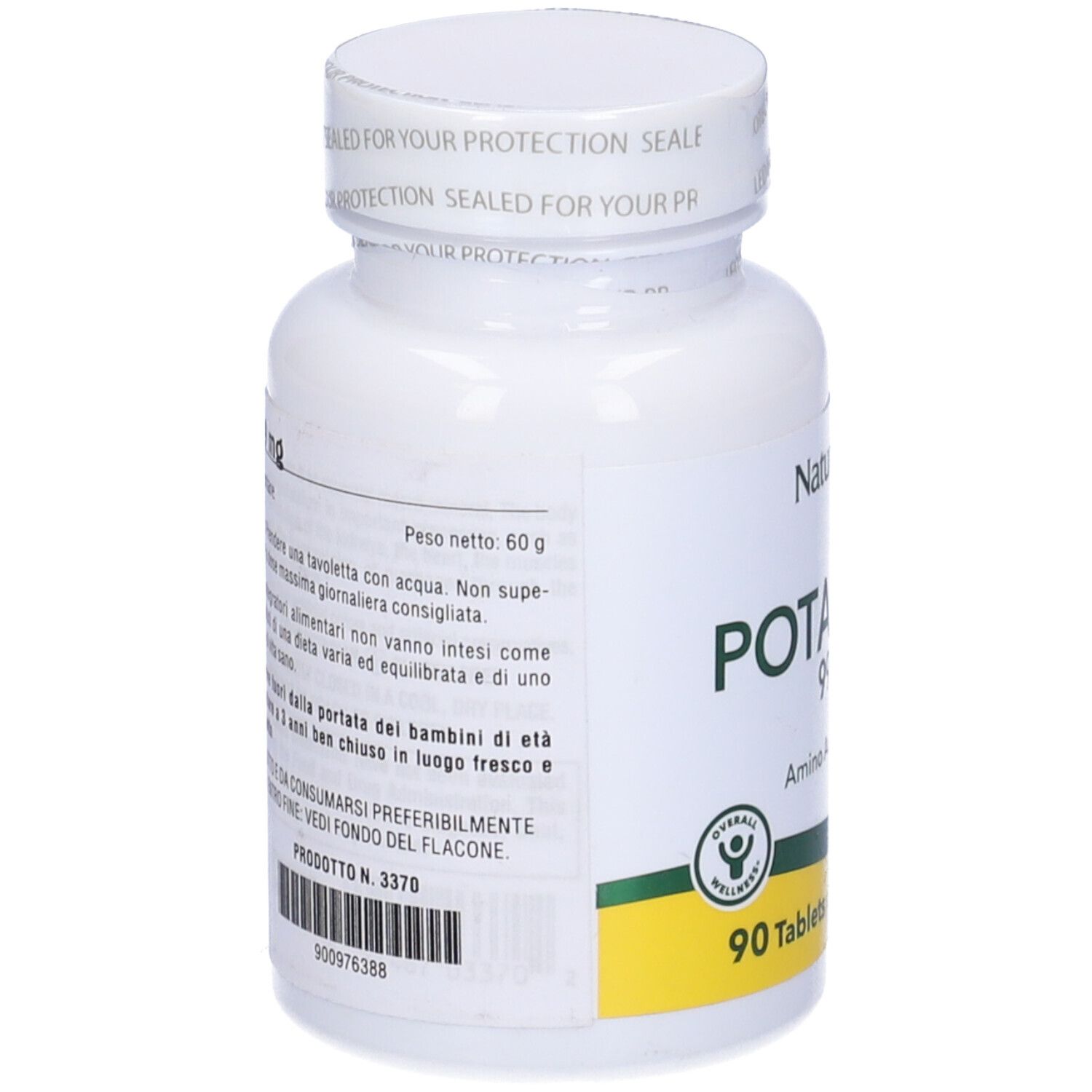 Flacone bianco con etichetta. Testo: "Potassio 99 mg", "90 Tavolette". Marca NaturesPlus. Striscia gialla.
