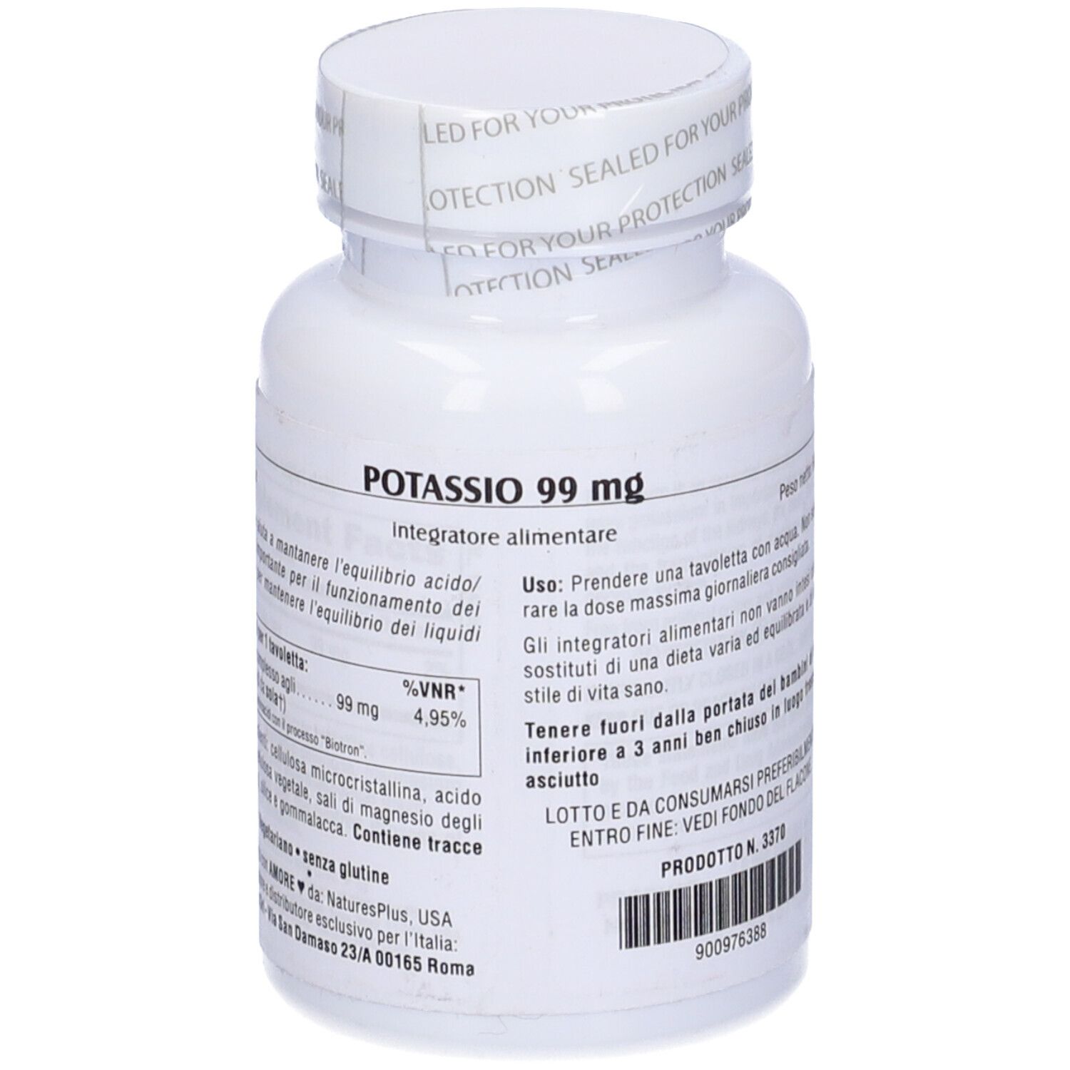 Flacone bianco con etichetta. Testo: "Potassio 99 mg", "90 Tavolette". Marca NaturesPlus. Striscia gialla.