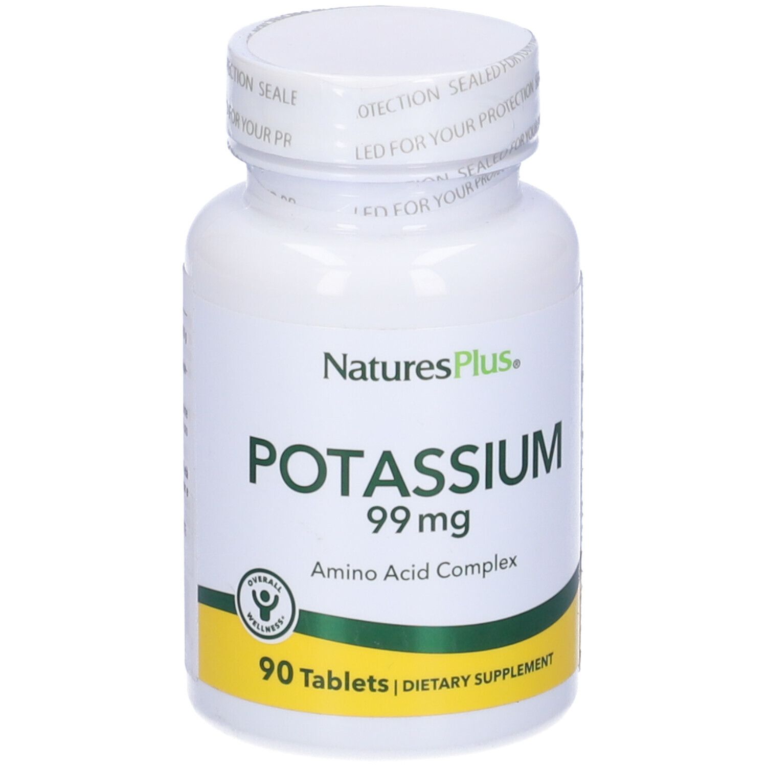 Flacone bianco con "Potassio 99 mg" e "90 Tavolette". Marca NaturesPlus. Striscia gialla.
