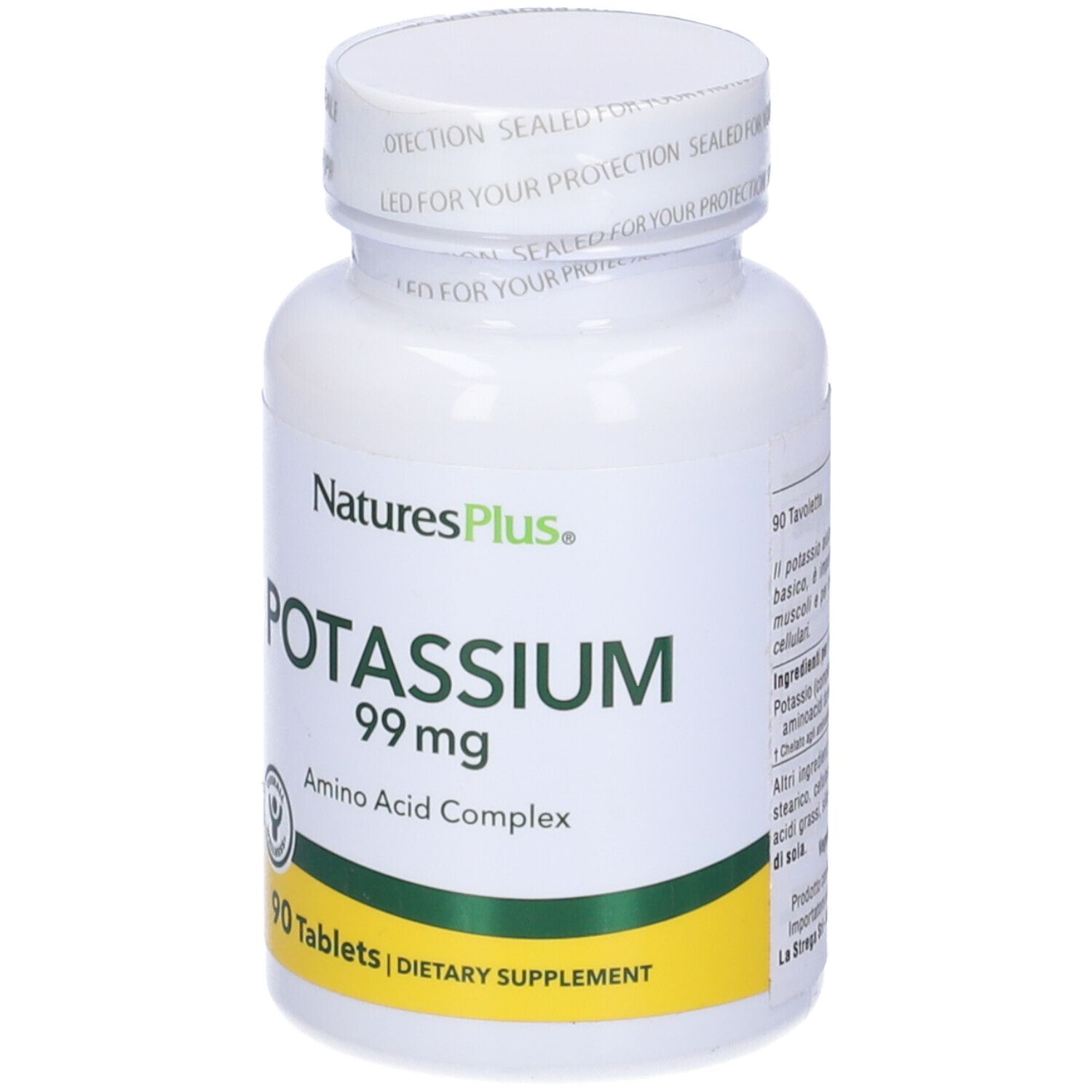 Flacone bianco con "Potassio 99 mg" e "90 Tavolette". Marca NaturesPlus. Striscia gialla.