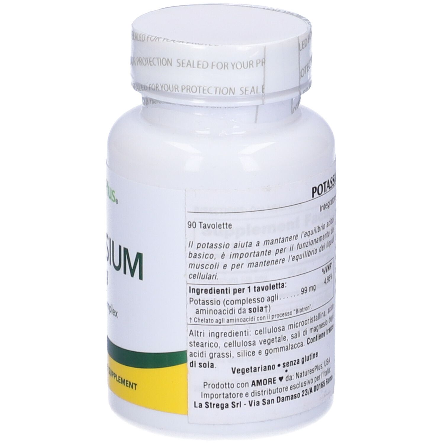 Flacone bianco con etichetta. Testo: "Potassio 99 mg", "90 Tavolette". Marca NaturesPlus. Striscia gialla.