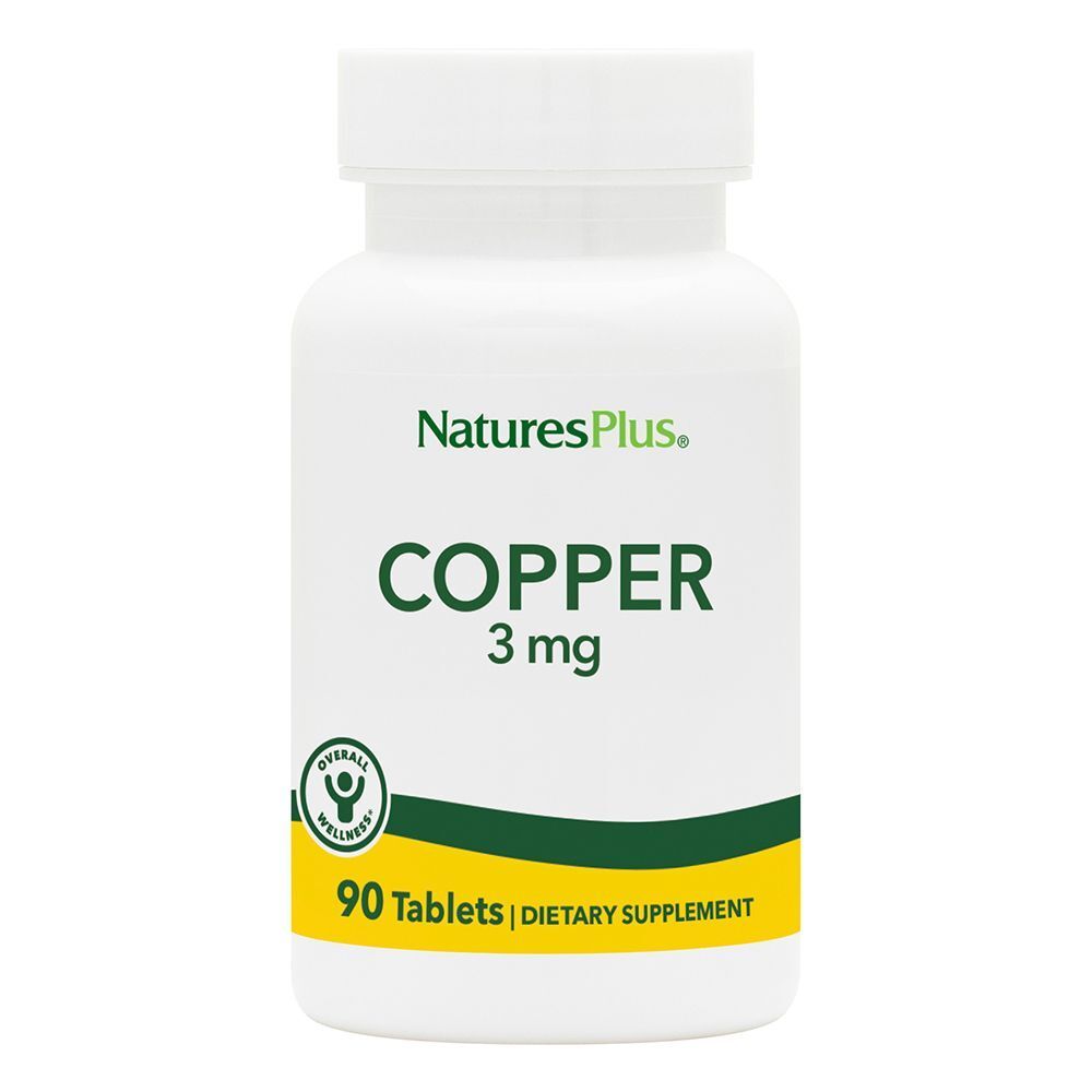 Flacone bianco con etichetta verde e gialla. Scritta: Copper 3 mg, 90 compresse. Marchio: NaturesPlus.